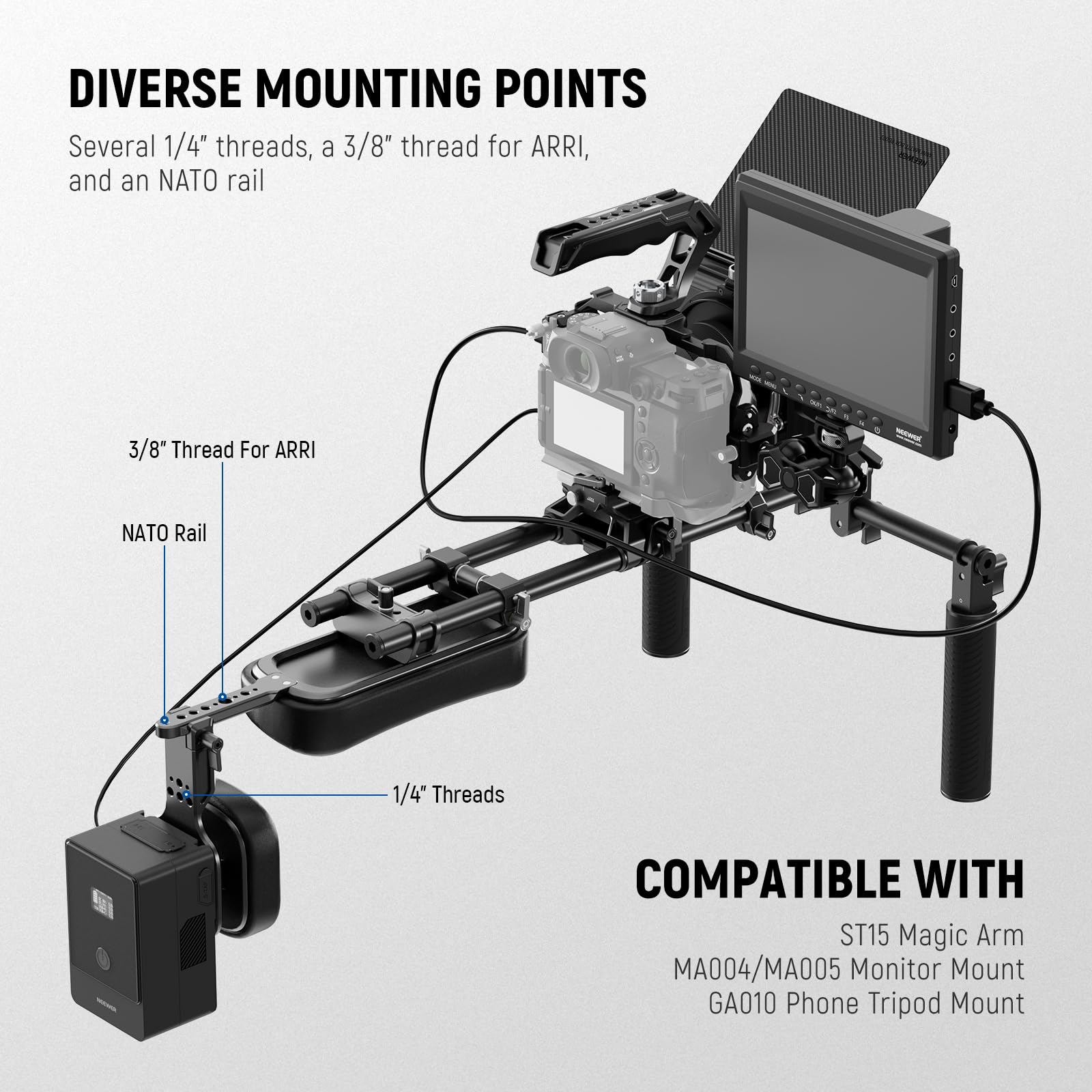 DIVERSE MOUNTING POINTS  
Several 1/4" threads, a 3/8" thread for ARRI, and an NATO rail  

3/8" Thread For ARRI  
NATO Rail  
1/4" Threads  

COMPATIBLE WITH  
ST15 Magic Arm  
MA004/MA005 Monitor Mount  
GA010 Phone Tripod Mount