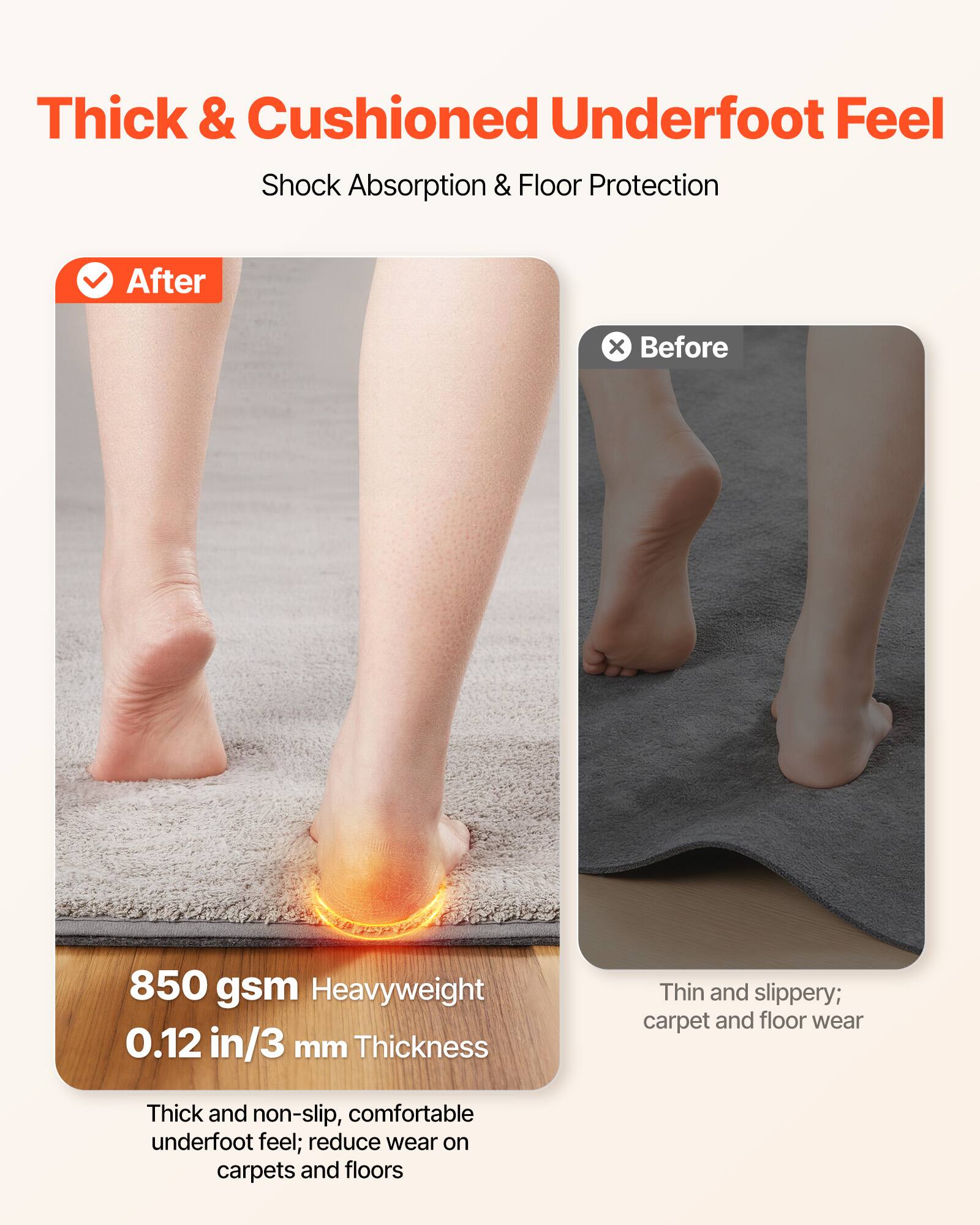 Thick & Cushioned Underfoot Feel  
Shock Absorption & Floor Protection  

After  
Before  

850 gsm Heavyweight  
0.12 in/3 mm Thickness  

Thin and slippery; carpet and floor wear  

Thick and non-slip, comfortable underfoot feel; reduce wear on carpets and floors