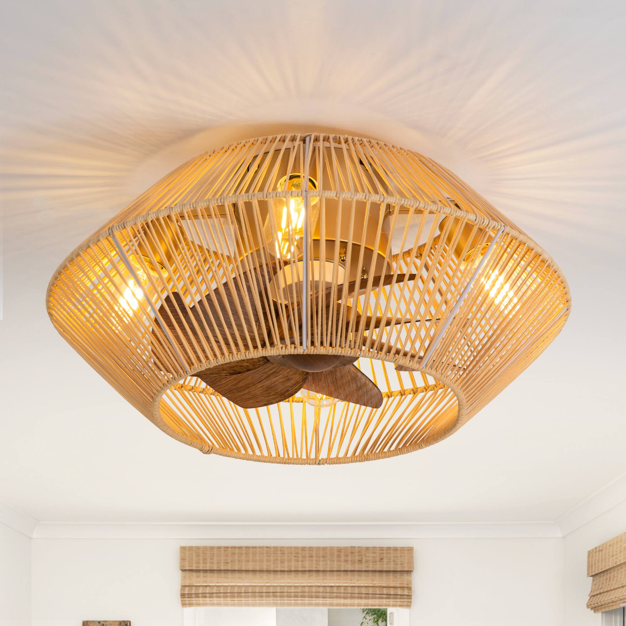 Left. Breezary - 19" Indoor Caged Rattan Ceiling Fan with LED Light, 7 ABS Blades, 6-Speed, DC Motor, Remote Control with Timer - Gold and Dark Wood Grain.