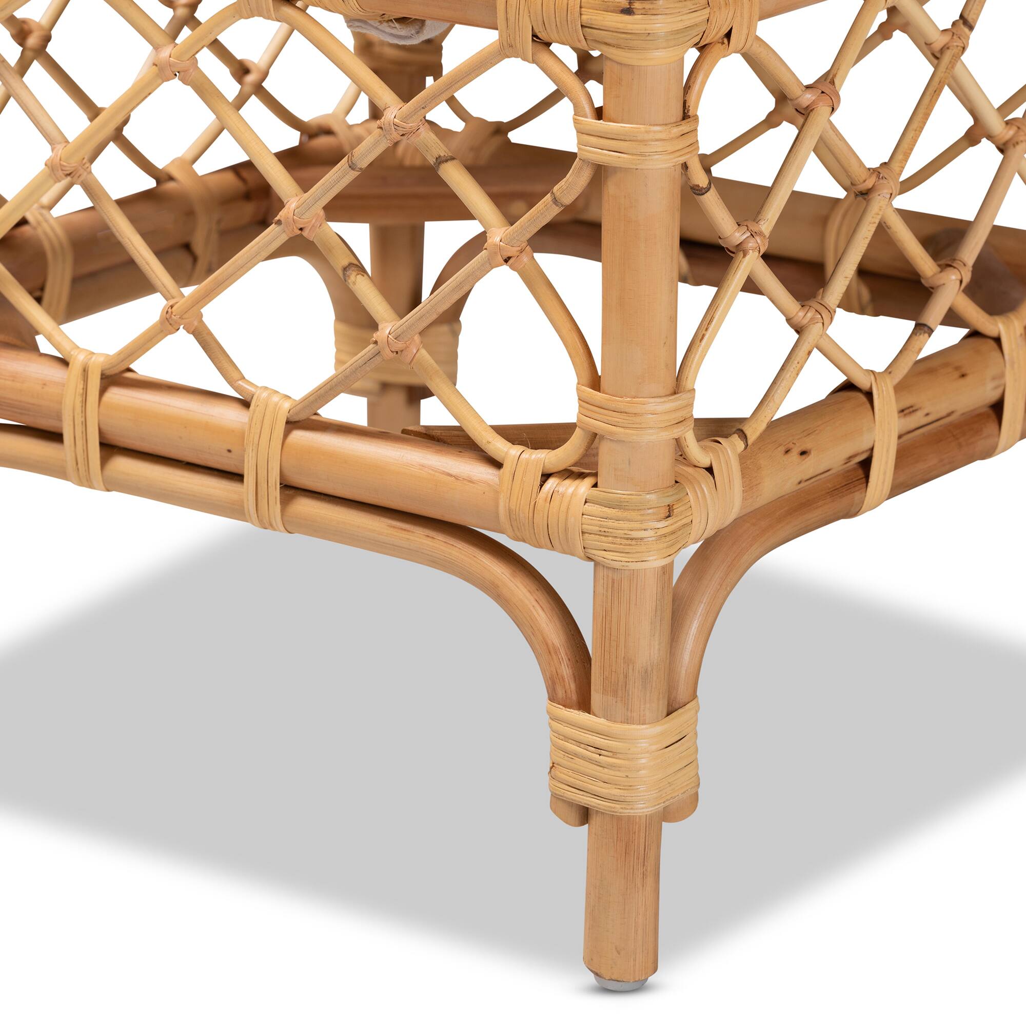 Left. bali & pari - Orchard Modern Bohemian Fabric Upholstered and Natural Brown Rattan Ottoman - White/Natural Brown.