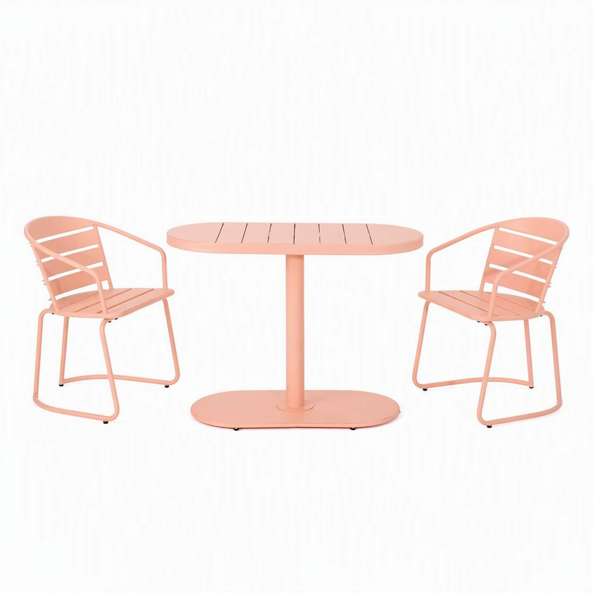 RYHNUYNE - 3-Piece Pink Metal Outdoor Bistro Set,Oval Patio Table & 2 Armchairs,Outdoor Furniture for Balcony Garden Backyard - Coral
