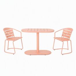 RYHNUYNE - 3-Piece Pink Metal Outdoor Bistro Set,Oval Patio Table & 2 Armchairs,Outdoor Furniture for Balcony Garden Backyard - Coral