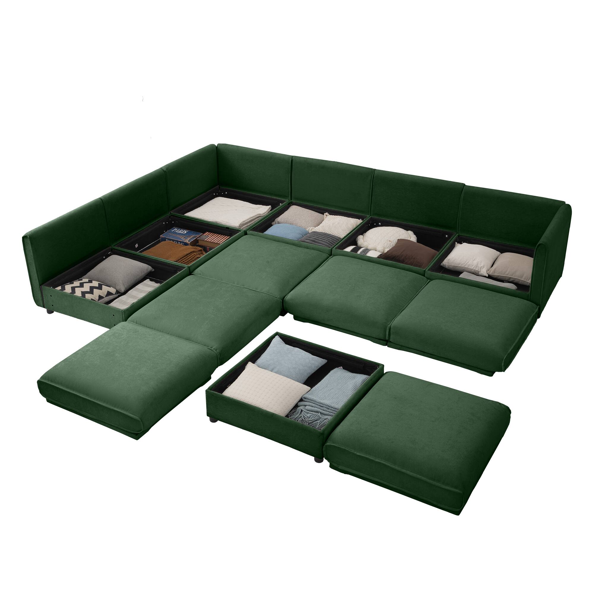 Left. Anysun - 6-Piece Chenille Modular Sectional Sofa with Storage - Contemporary Cylindrical Design for Living Room. - Green.