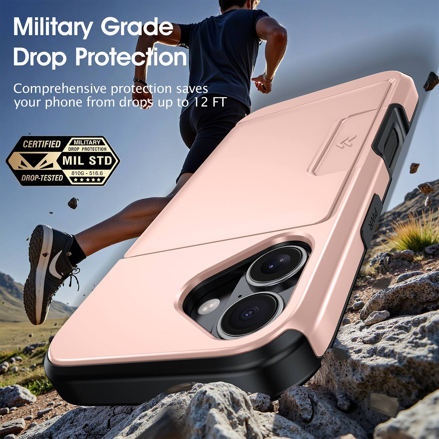 Military Grade Drop Protection  
Comprehensive protection saves your phone from drops up to 12 FT  

CERTIFIED MILITARY DROP PROTECTION  
MIL STD 810G-516.6 DROP-TESTED