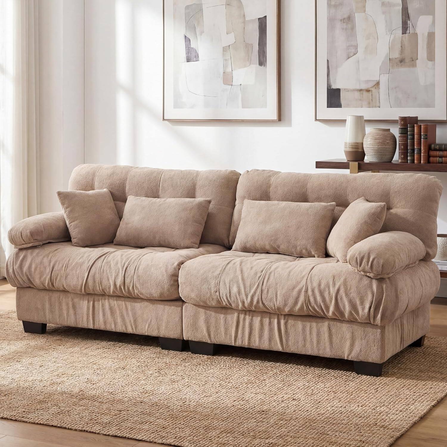 Alt View 3. Trinkets Crazed - 88" Boucle Sectional Loveseat Sofa, Comfy Modular Convertible Couch Sofa Set w/Pillows - Light Brown.