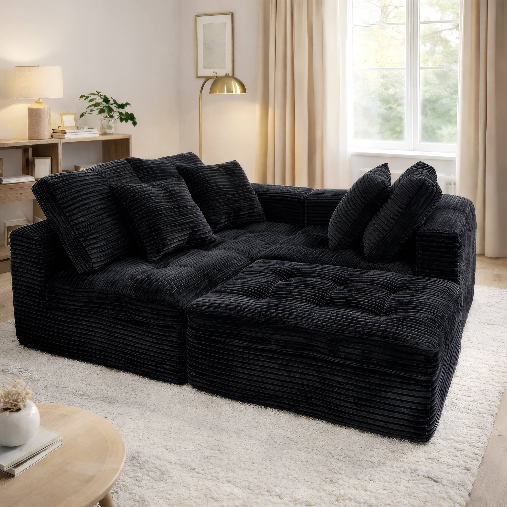 Alt View 1. Anysun - 105" Modular Cloud Sofa Set with Ottoman, DIY Sectional, Pure Foam & Faux Rabbit Fur Velvet for Living Room - Black.