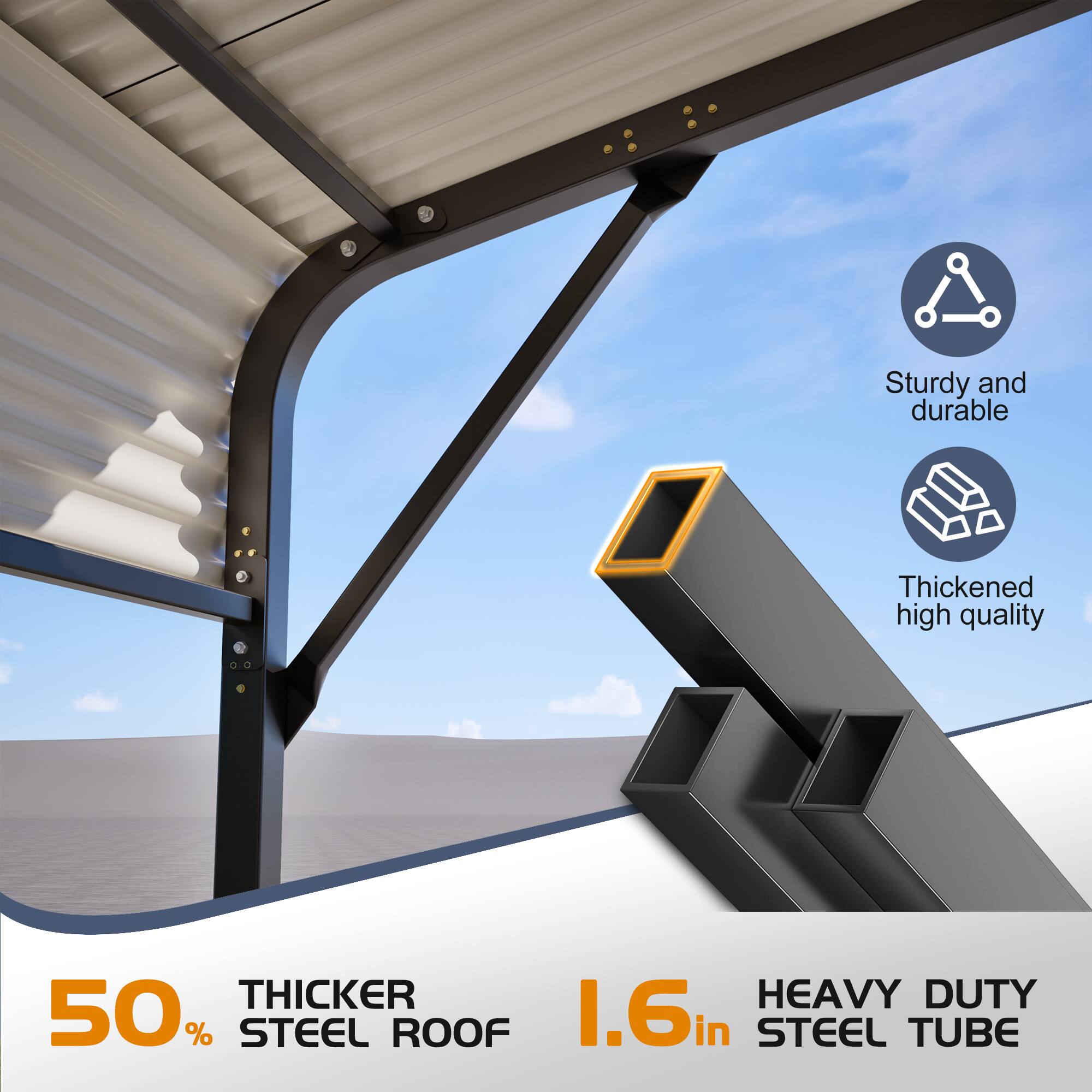 Sturdy and durable  
Thickened high quality  
50% Thicker Steel Roof  
1.6in Heavy Duty Steel Tube