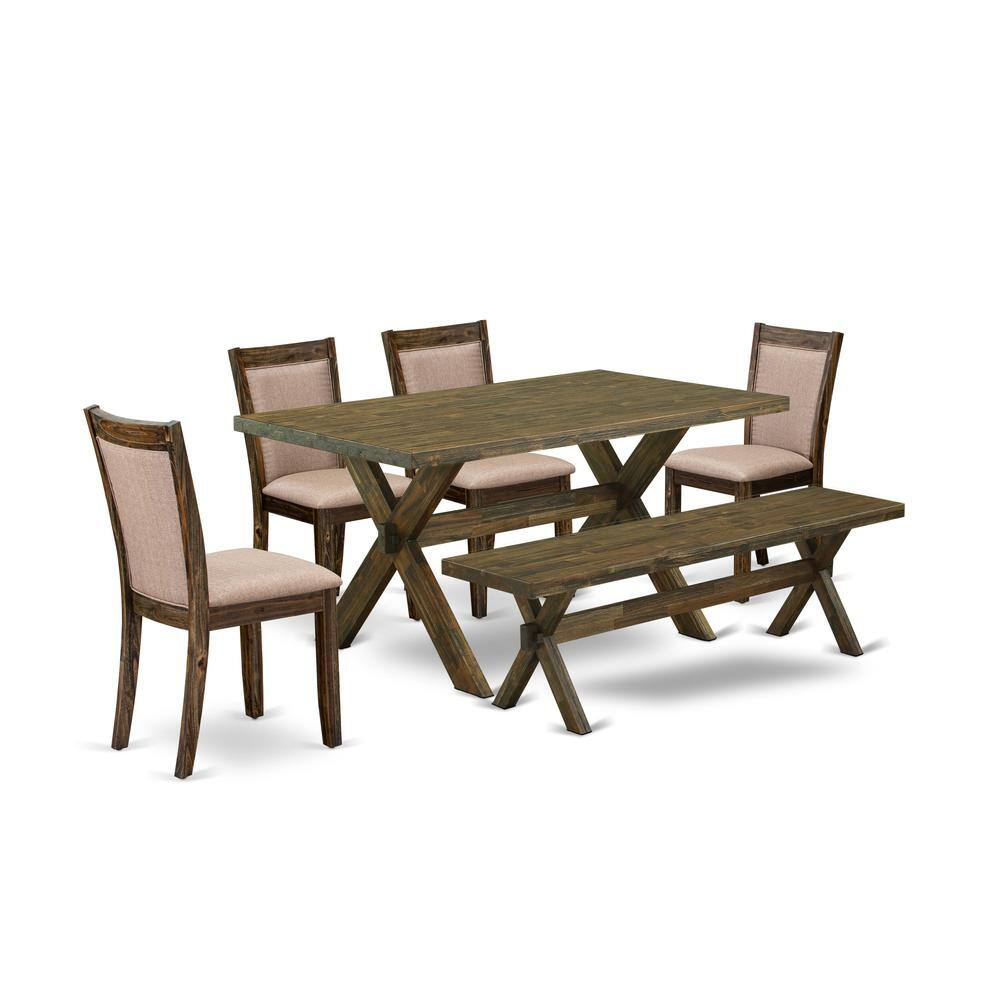 Alt View 4. East West Furniture - X776MZ716-6 6 Pc Dining Table Set- A Wood Table in Trestle Base with Rustic Bench and 4 Dining Chairs - Distressed - Multi-Color.