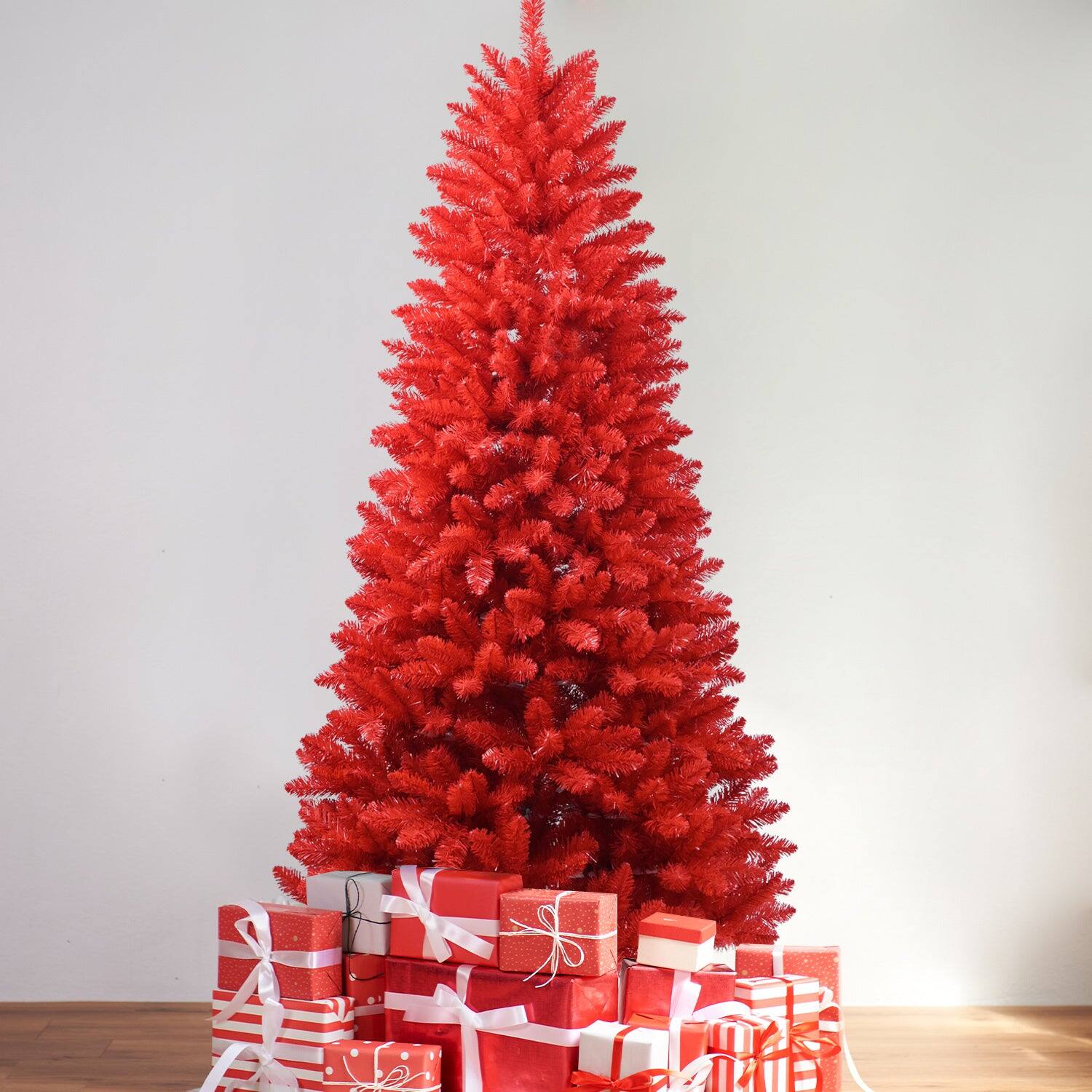 Angle. BreeBe - 7FT Red Christmas Tree Pure Red PVC Tree with 1066 Tips - Red.