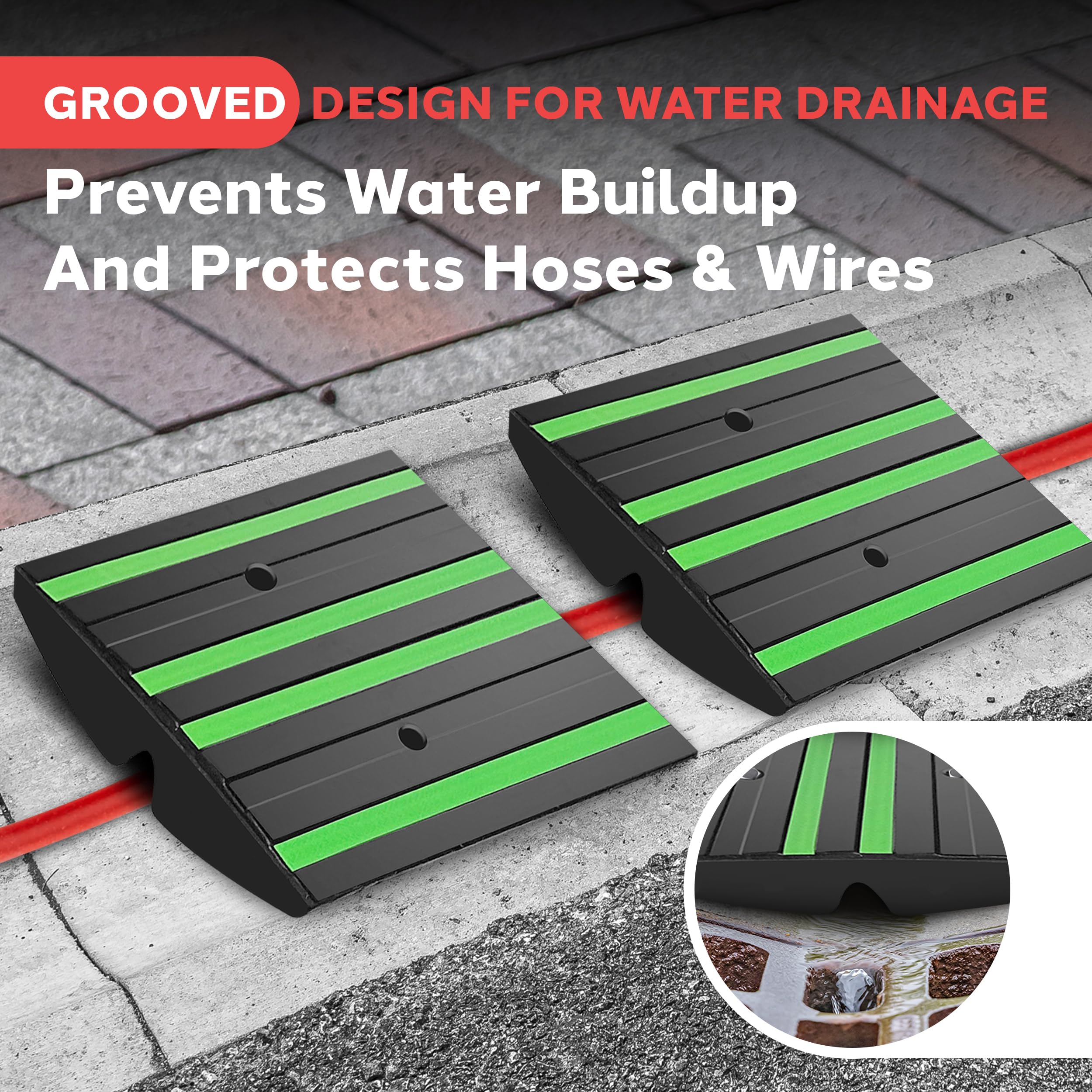 GROOVED DESIGN FOR WATER DRAINAGE  
Prevents Water Buildup And Protects Hoses & Wires