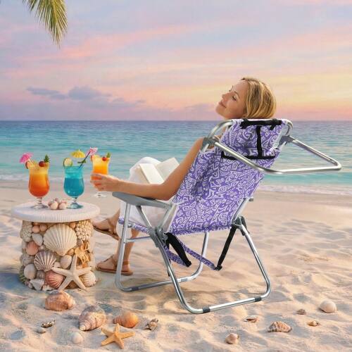 Alt View 7. Winado - Folding Beach Camping Chair with 5-Position, Cooler Bag, Cup Holders, Towel Bar, Lightweight for Outdoor Beach Camping - Purple Tribal Pattern.