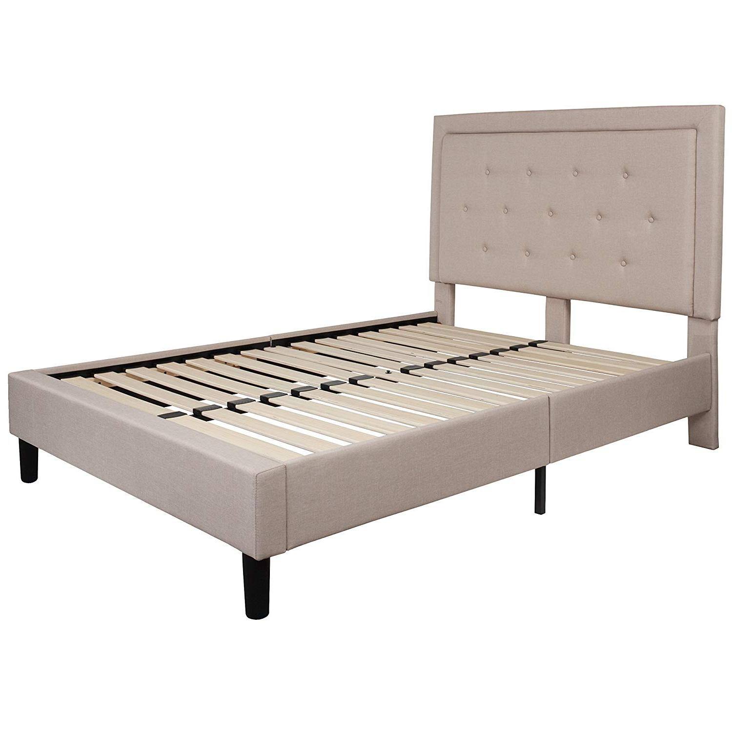 Angle. Hivvago - Hivvago Full Beige Fabric Upholstered Platform Bed Frame with Tufted Headboard - Beige.