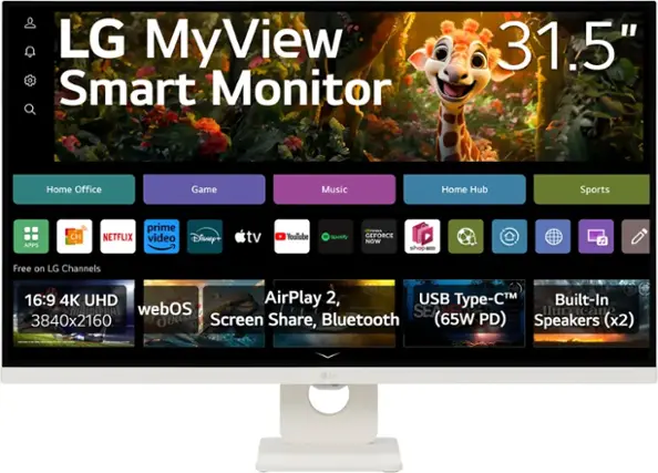LG MyView Smart Monitor 31.5" Home Office Game Music Home Hub Sports APPS CH prime NETFLIX video Disney+ tv YouTube - Spotify GEFORCE NOW shop Free on LG Channels 16:9 4K UHD p AirPlay 2, USB -TM Built-In webOS Oulino Uiasava SEARE Ilurricane 3840x2160 b Screen Share, Bluetooth (65W PD) Speakers (x2) | - - I : A | - ee LG