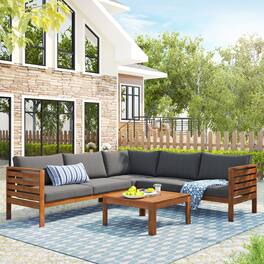 Whisen - Acacia Wood Outdoor Sofa Set with Coffee Table, Modular Patio Seating for Garden, Balcony, Gazebo - Gray