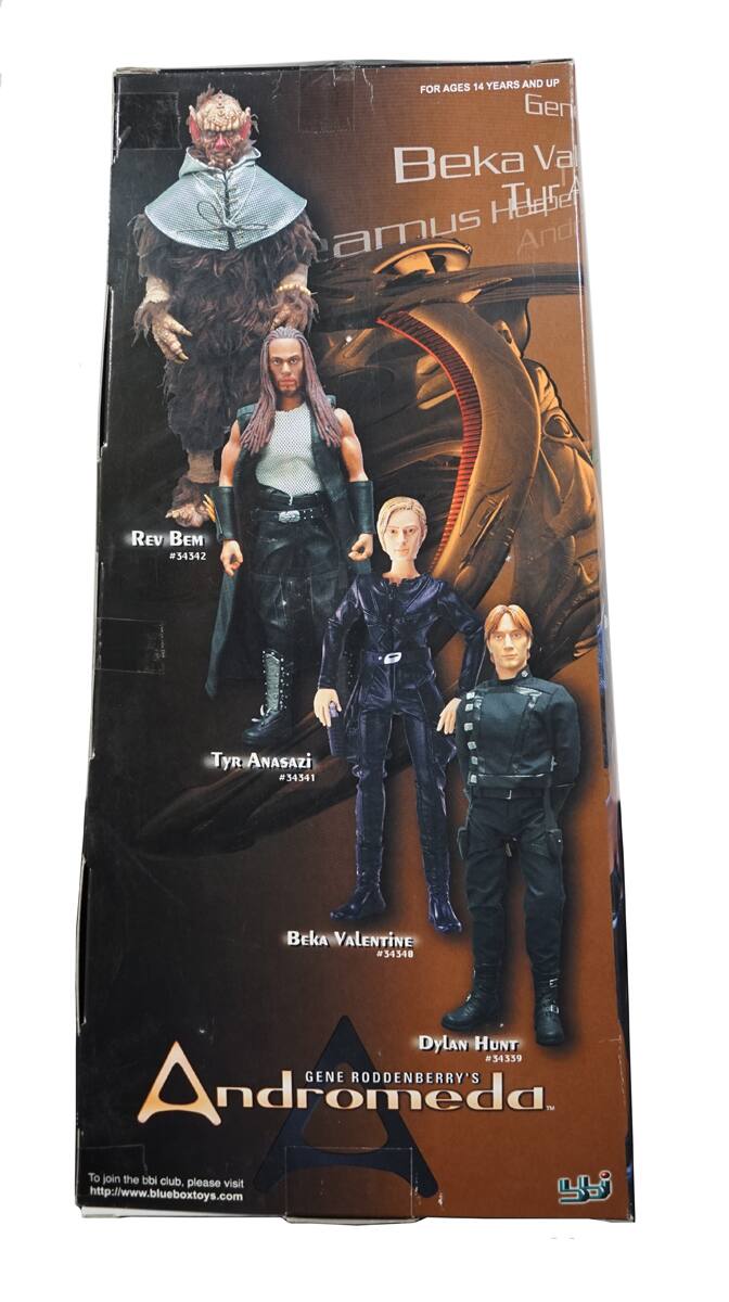 FOR AGES 14 YEARS AND UP  
Beka Valentine, Rev Bem, Tyr Anasazi, Dylan Hunt  

Beka Valentine  
Rev Bem  
Tyr Anasazi  
Dylan Hunt  

GENE RODDENBERRY'S Andromeda  

To join the bbi club, please visit  
http://www.blueboxtoys.com