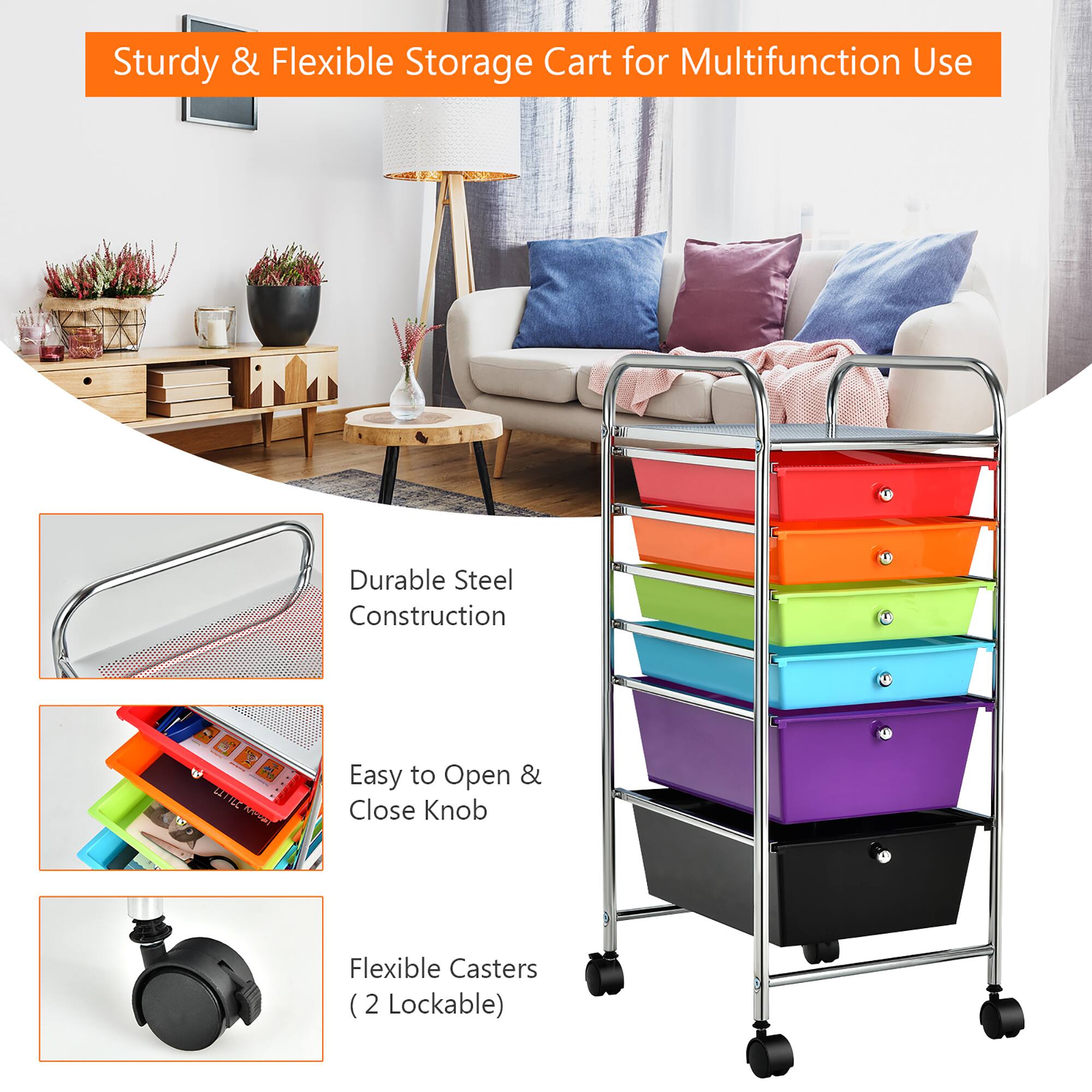Sturdy & Flexible Storage Cart for Multifunction Use: Durable Steel Construction, Easy to Open & Close Knob, Flexible Casters (2 Lockable).