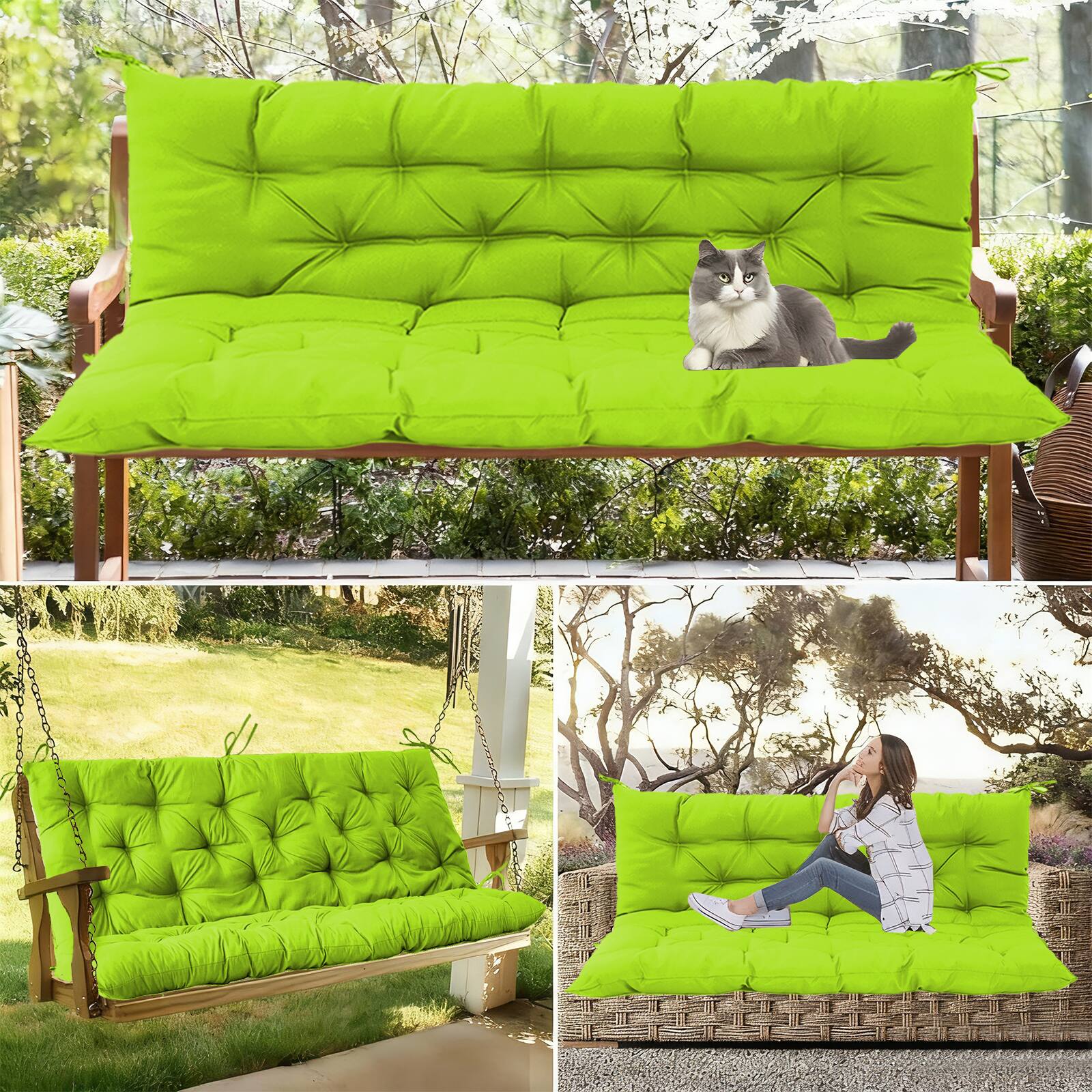 Alt View 3. Chateau Abodes - Outdoor Replacement Seat Cushions for 2-3 Person Swing & Bench, Waterproof Sofa Pads with Backrest for Patio Furniture - Grass Green-40x40in.