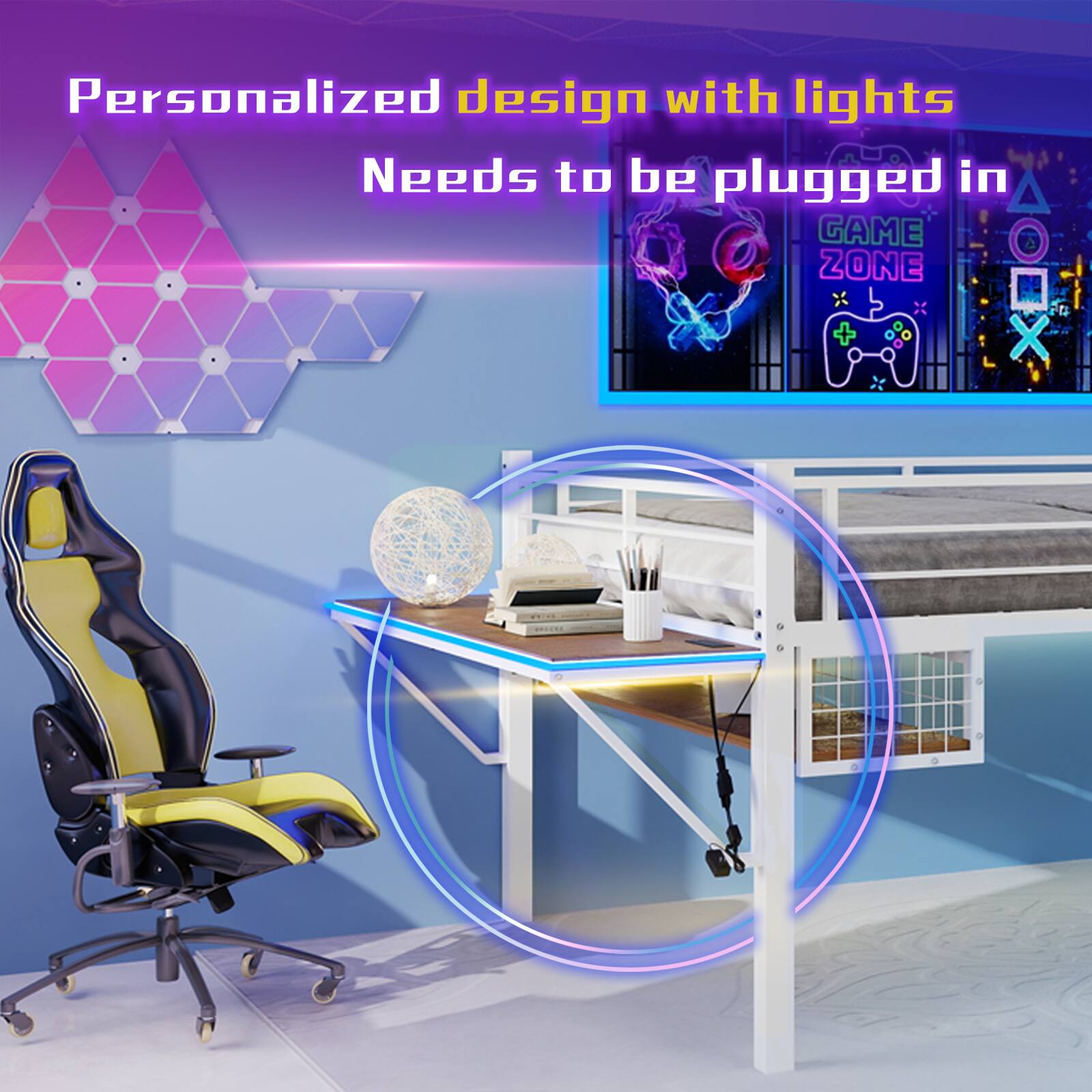 Personalized design with lights  
Needs to be plugged in  
GAME ZONE