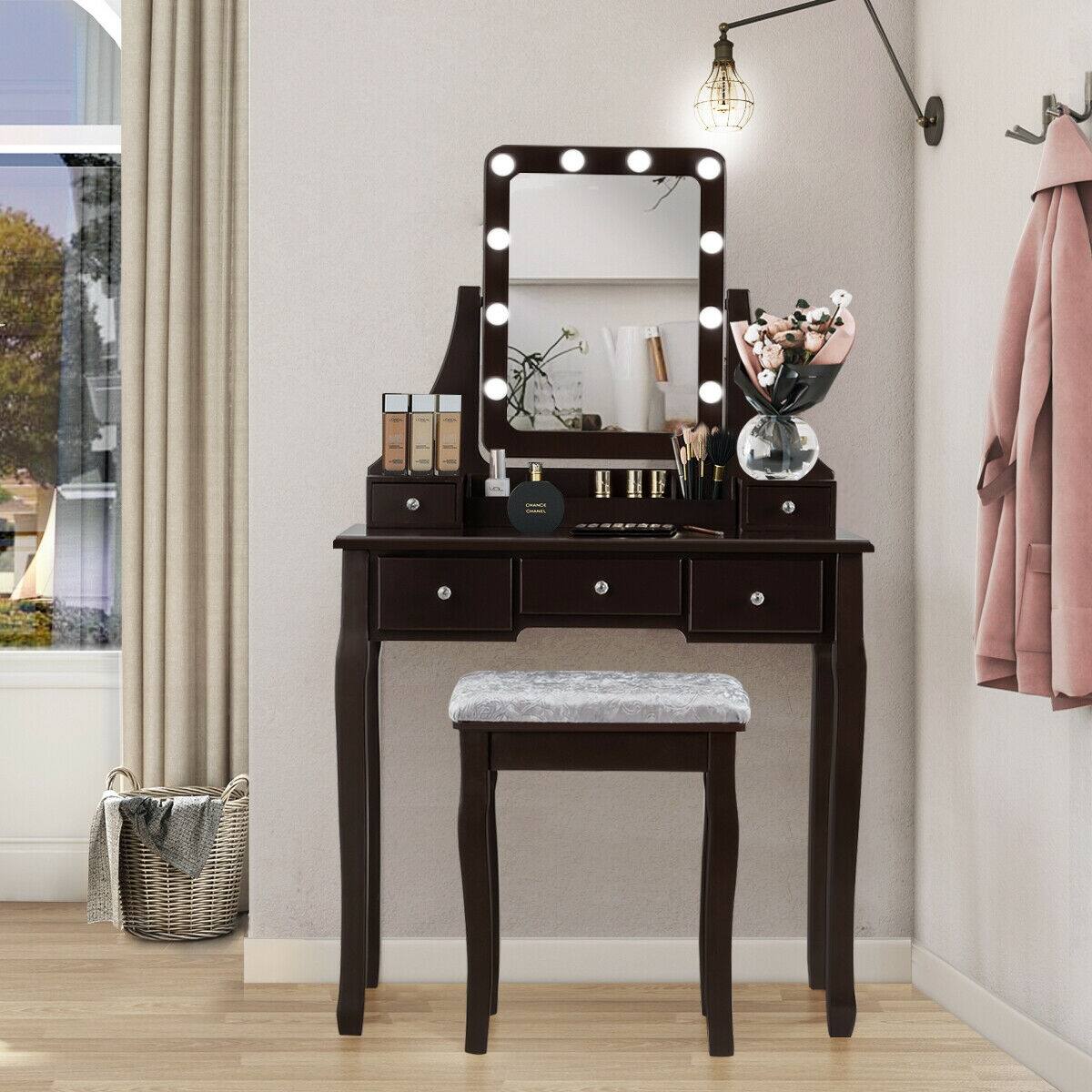 Alt View 1. Ecooso - 10-Bulb Lighted Vanity Desk Set with Adjustable Brightness and Upholstered Stool for Bedroom - Brown.