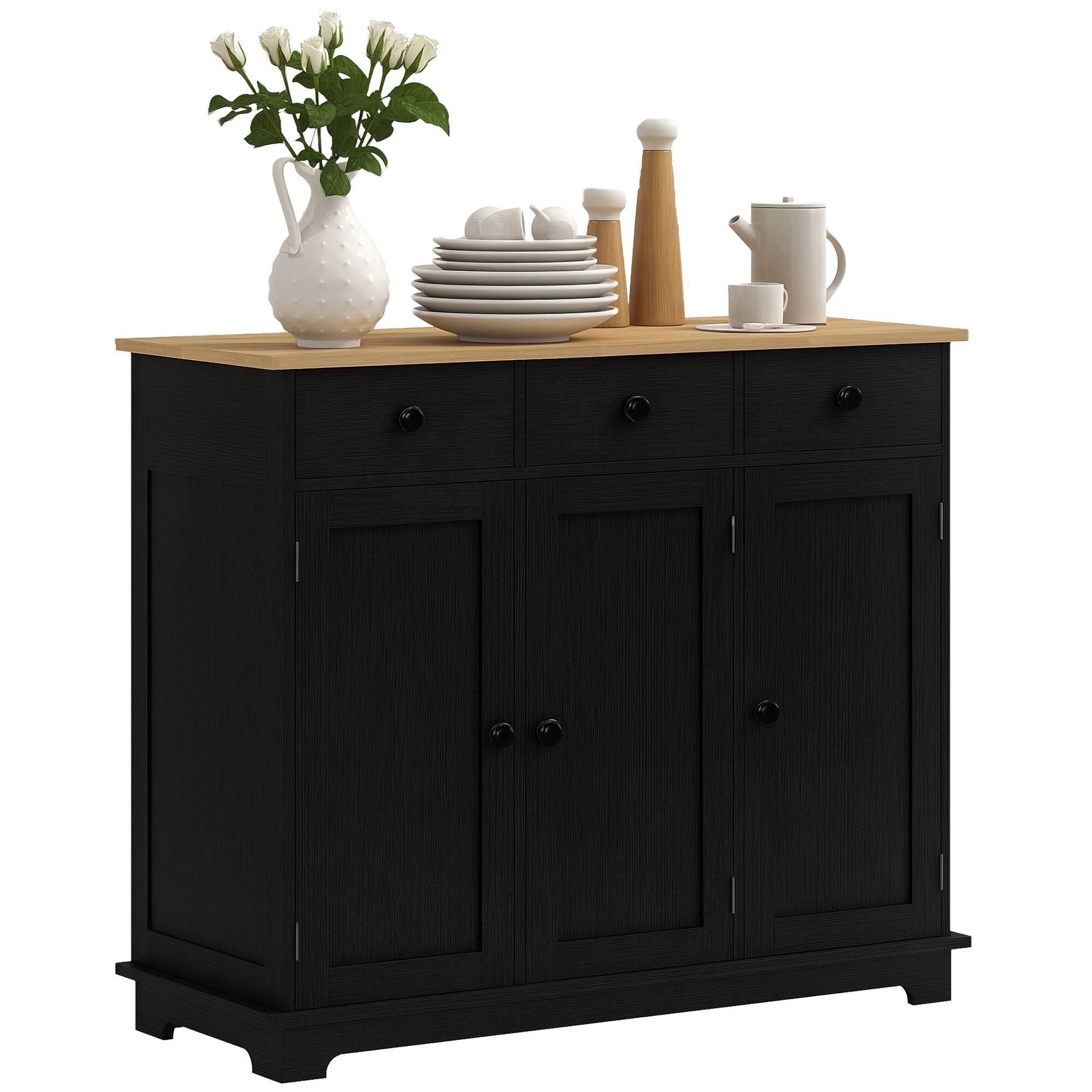 Homcom - Sideboard with Solid Wood Countertop, Modern Kitchen Storage Cabinet, Coffee Bar Cabinet with 3 Drawers, Doors - Black Wood Grain