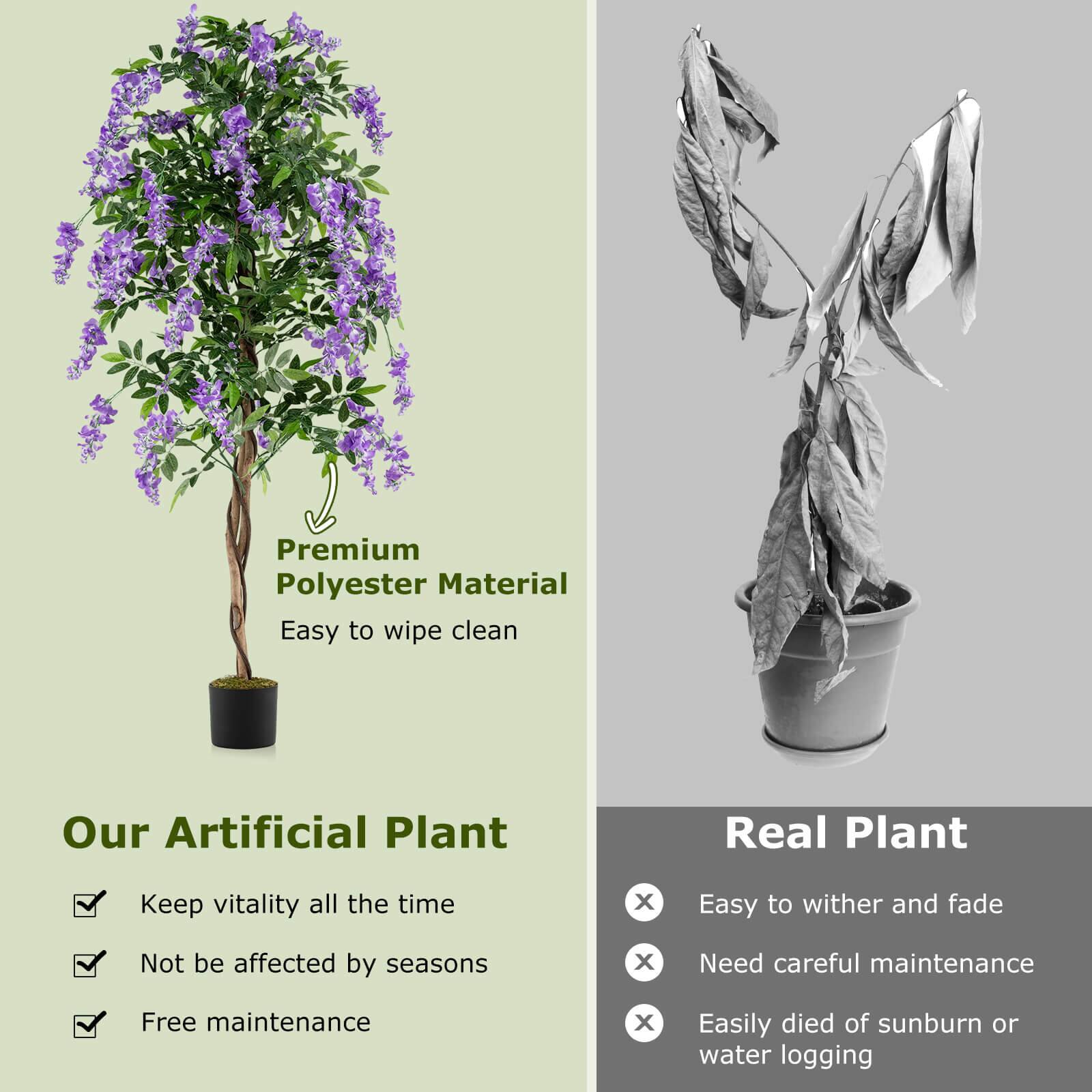 Premium Polyester Material  
Easy to wipe clean  

Our Artificial Plant  
- Keep vitality all the time  
- Not be affected by seasons  
- Free maintenance  

Real Plant  
- Easy to wither and fade  
- Need careful maintenance  
- Easily died of sunburn or water logging