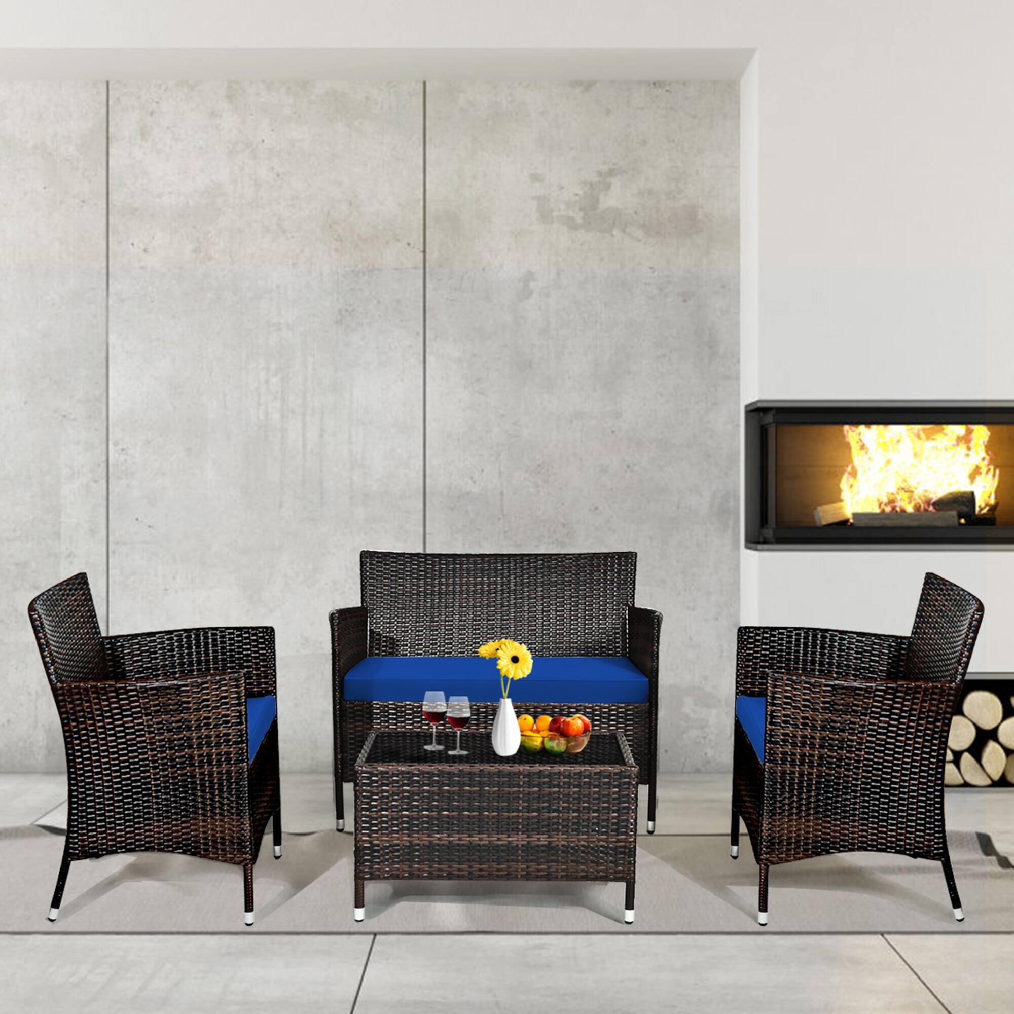 Alt View 9. Gymax - Gymax 8PCS Patio Rattan Conversation Furniture Set Outdoor w/ Navy Cushion - Navy.