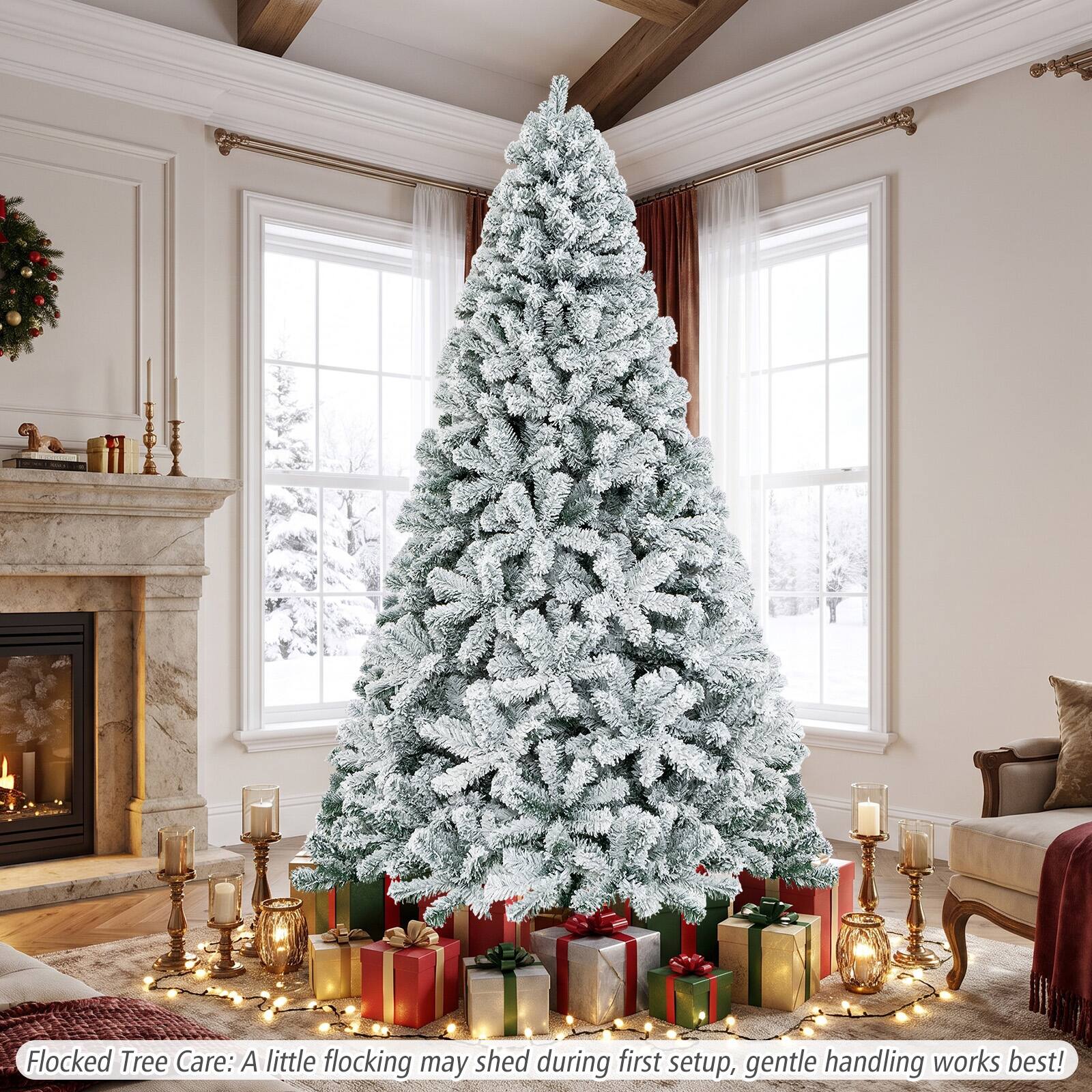 Flocked Tree Care: A little flocking may shed during first setup, gentle handling works best!