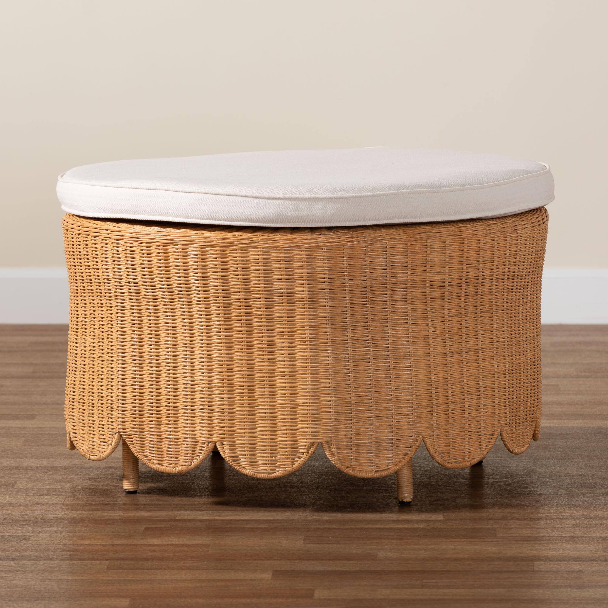 Alt View 1. bali & pari - Teresa Bohemian Scalloped Rattan Ottoman - Light Honey.