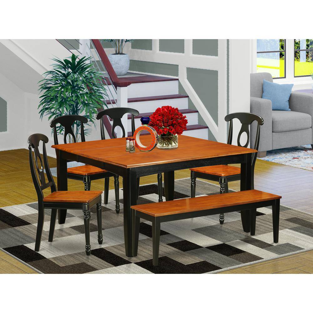 Alt View 2. East West Furniture - 6PC Dining room set with bench-Dining Table and 4 Wood Dining Chairs plus a bench - Black & Cherry.