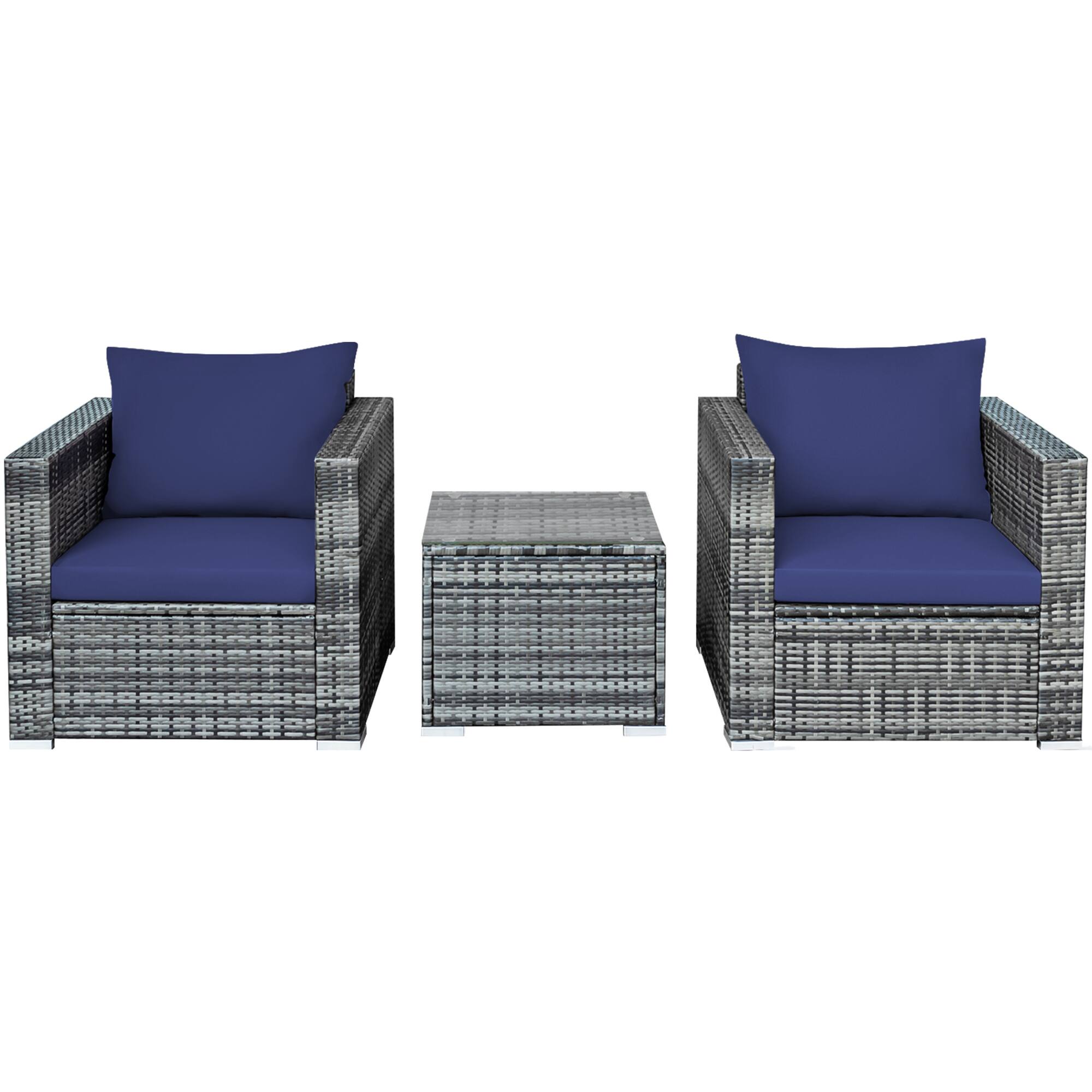Alt View 9. Gymax - Gymax 3PCS Rattan Patio Conversation Furniture Set Outdoor Yard w/ Navy Cushion - Navy.