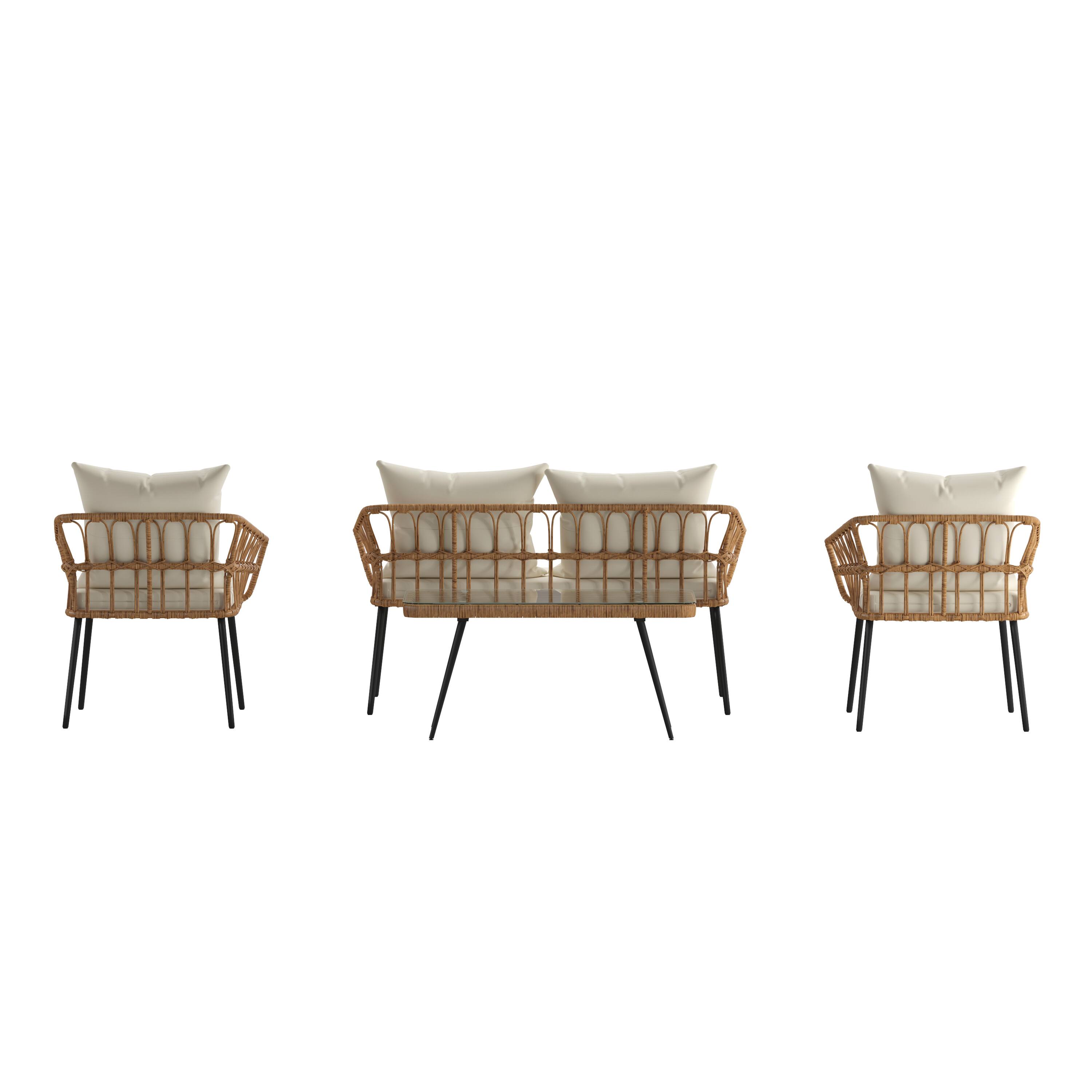 Alt View 9. Emma + Oliver - 4PC Rattan Patio Set with Two Chairs, Loveseat, Table & Cushions - Cream Cushions/Natural Frame.