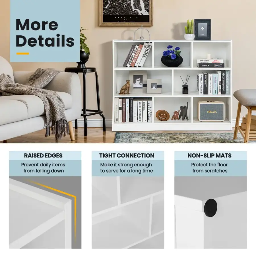 More Details:

1. Raised Edges: Prevent daily items from falling down.
2. Tight Connection: Make it strong enough to serve for a long time.
3. Non-Slip Mats: Protect the floor from scratches.