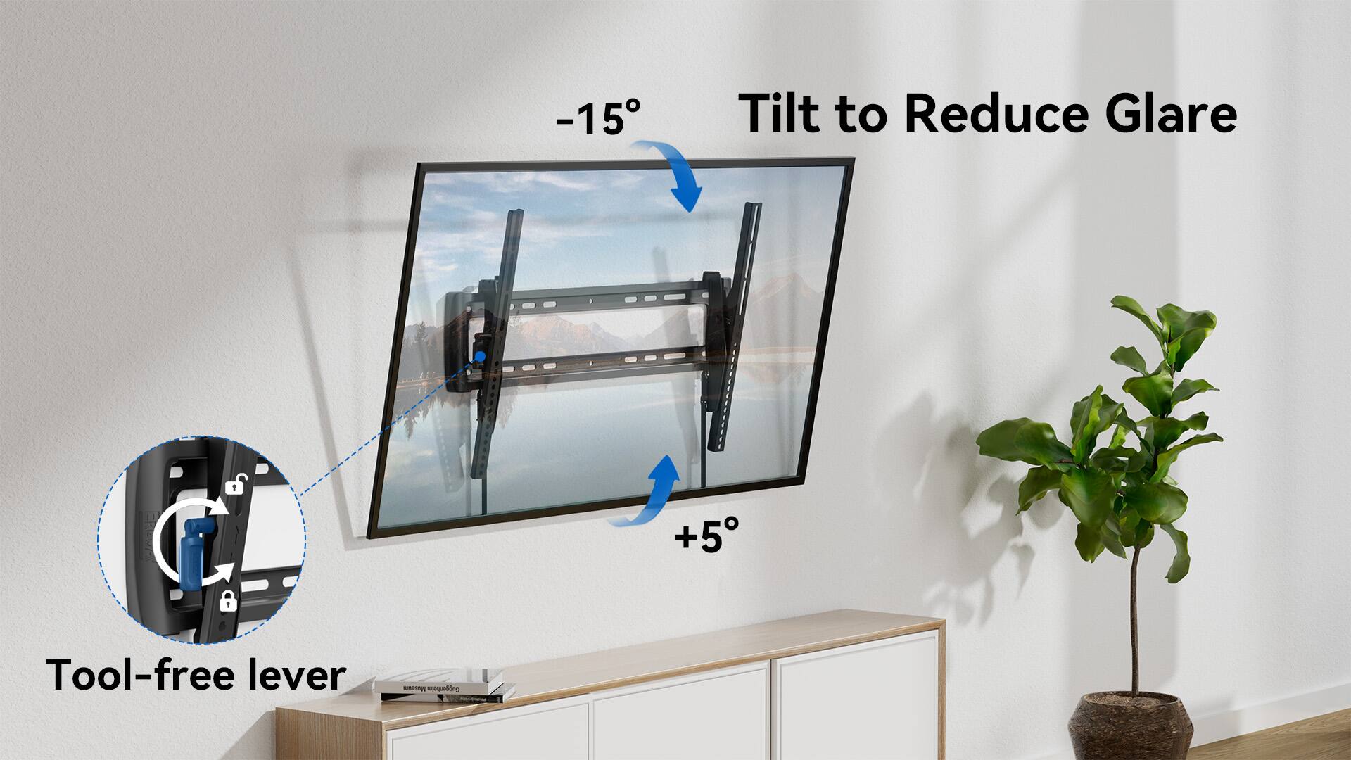 The text on the image reads: "Tilt to reduce glare +5 Tool-free lever Museum Guggenheim."