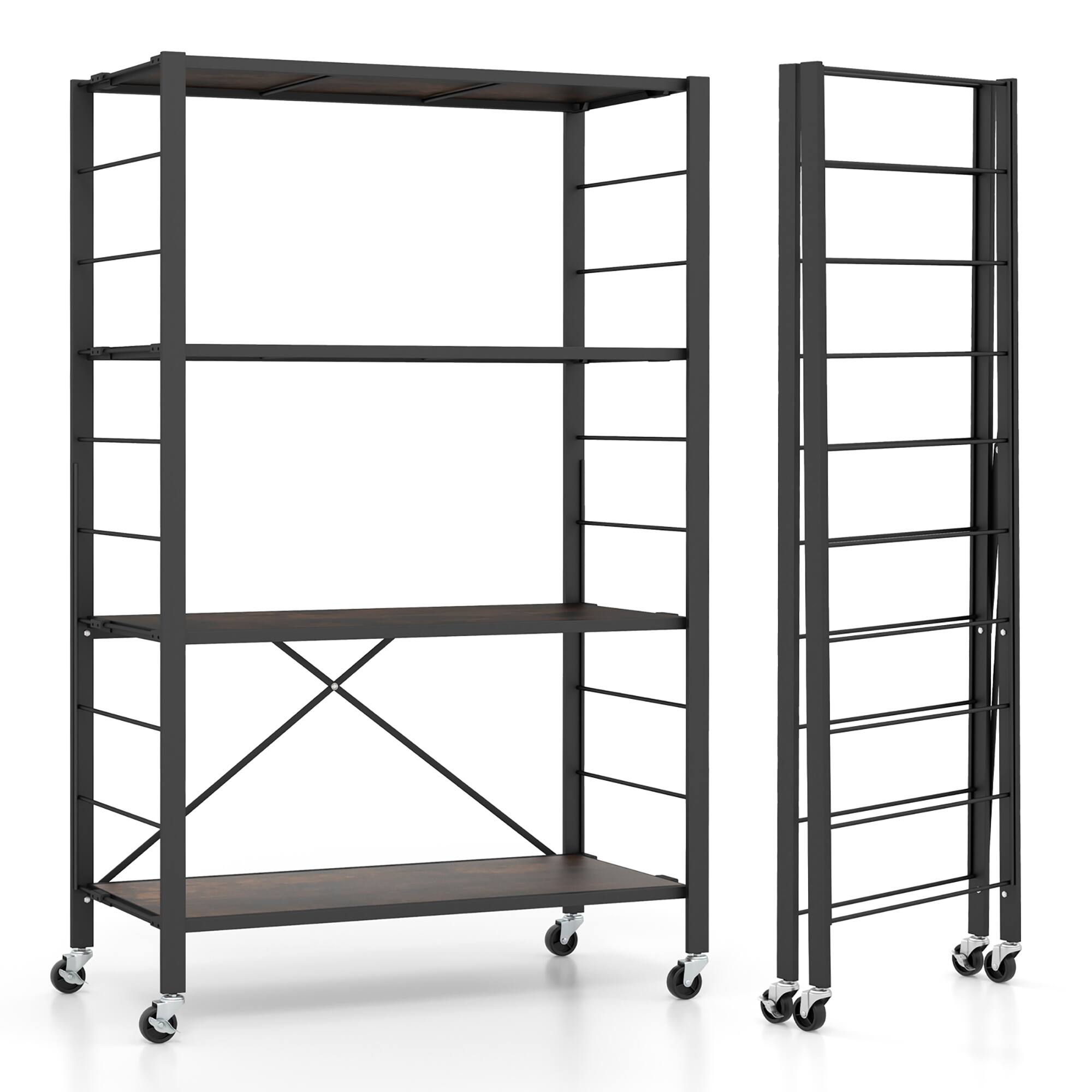 Alt View 9. Gymax - Gymax 4-tier Foldable Storage Shelf w/ Lockable Wheels Home Shelving Unit for Tool Room - Black, Rustic Brown.