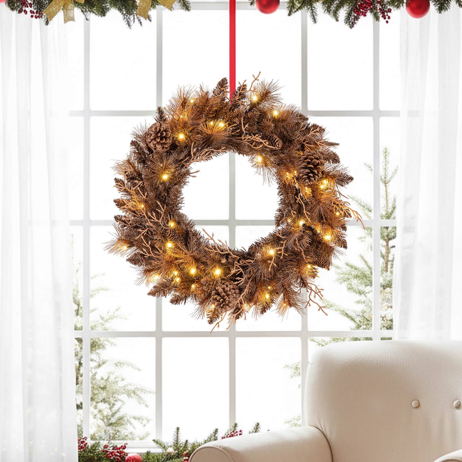 Alt View 4. Costway - Costway 2 PCS 24" Pre-lit Christmas Wreath Front Door Artificial Xmas Wreath with 105 Branch Tips - Brown.