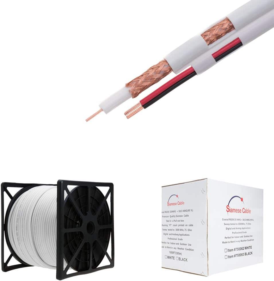 Cables Direct Online - 250ft RG59/U Siamese CCTV Cable 20AWG Coax + 18/2 Power, 95% Shielded Bulk Wire for Security Cameras - White