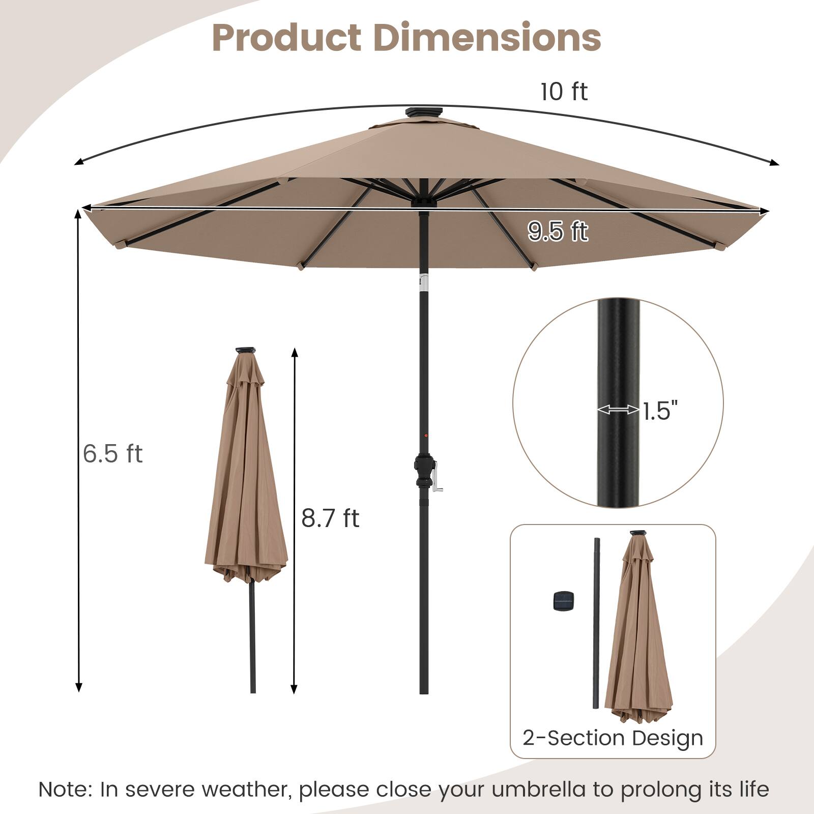 Product Dimensions

- 10 ft
- 9.5 ft
- 6.5 ft
- 8.7 ft
- 1.5" (diameter)

2-Section Design

Note: In severe weather, please close your umbrella to prolong its life