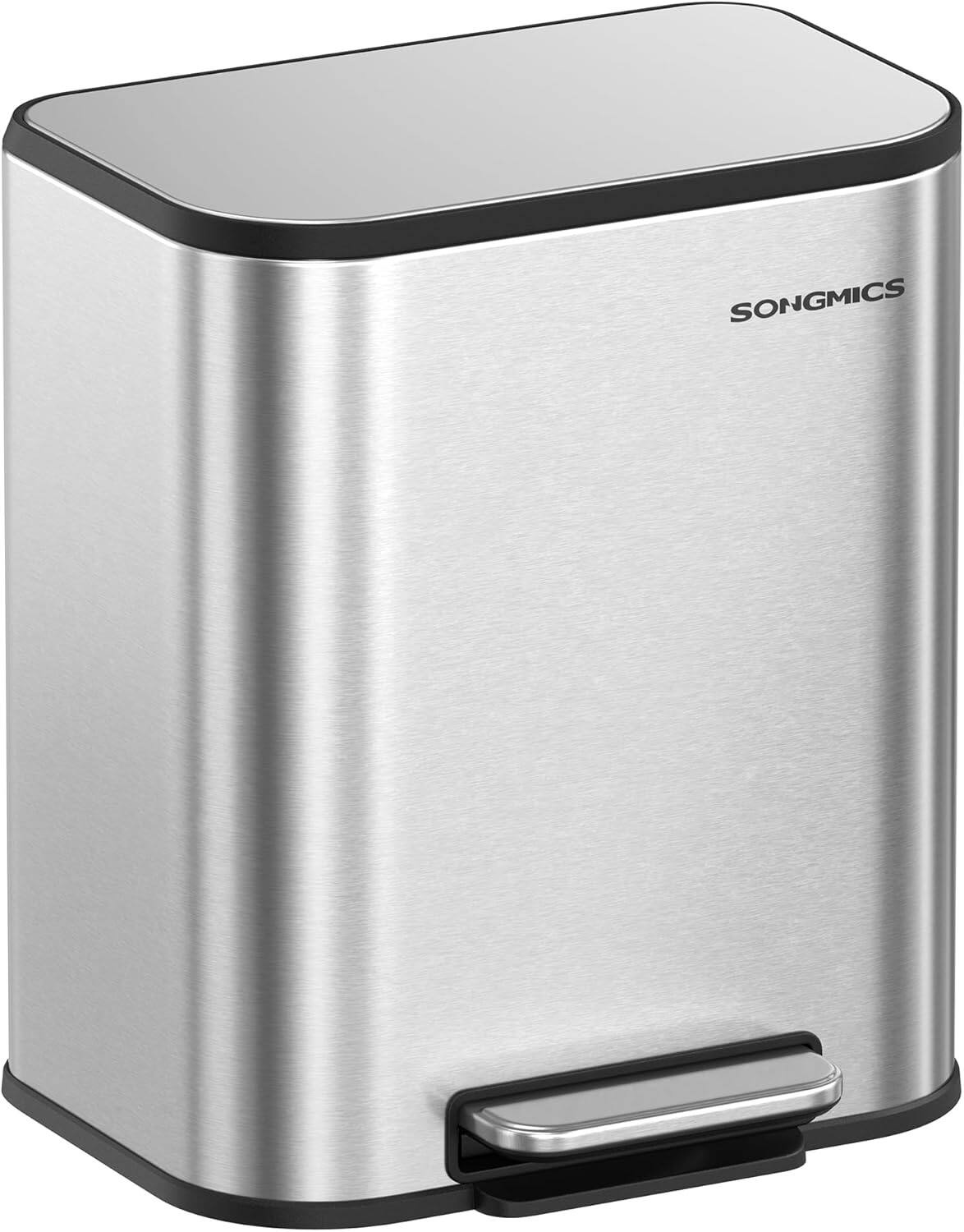 Front. Songmics Home - 5 Gallon (20L) Stainless Steel Kitchen Trash Can with Lid Soft Close Wide Non-Slip Pedal Metallic Silver.