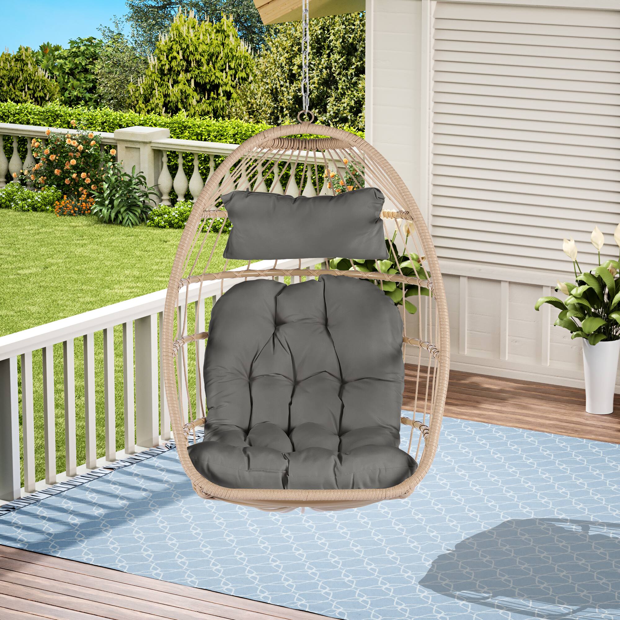 Front. APRILSOUL - Outdoor Garden Rattan Egg Swing Chair Hanging Chair Wood Dark Gray - Dark.