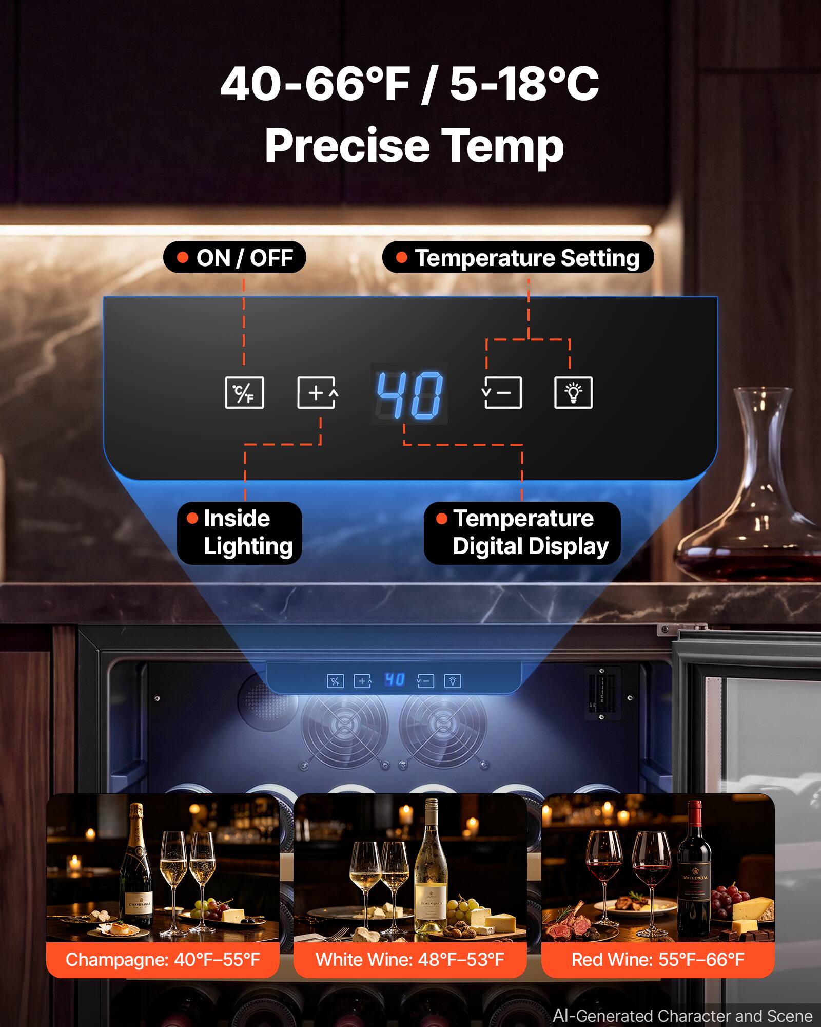 40-66°F / 5-18°C Precise Temp

ON / OFF
Temperature Setting
C/F
+
40
Inside Lighting
Temperature Digital Display

Champagne: 40°F-55°F
White Wine: 48°F-53°F
Red Wine: 55°F-66°F

AI-Generated Character and Scene