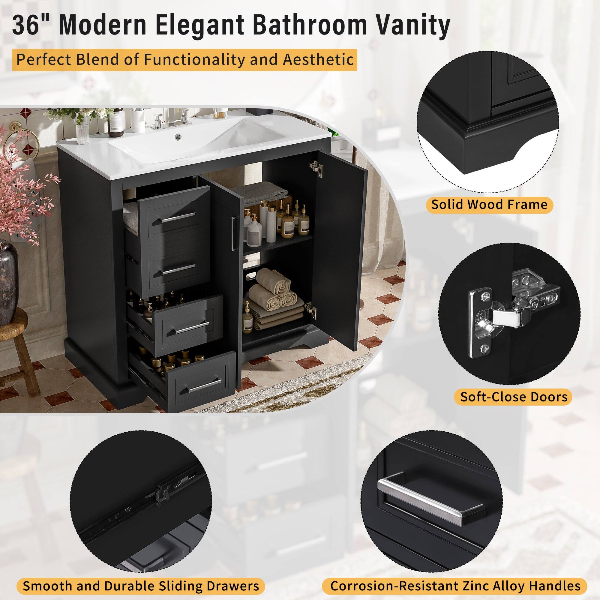 36" Modern Elegant Bathroom Vanity  
Perfect Blend of Functionality and Aesthetic  

- Solid Wood Frame  
- Soft-Close Doors  
- Smooth and Durable Sliding Drawers  
- Corrosion-Resistant Zinc Alloy Handles
