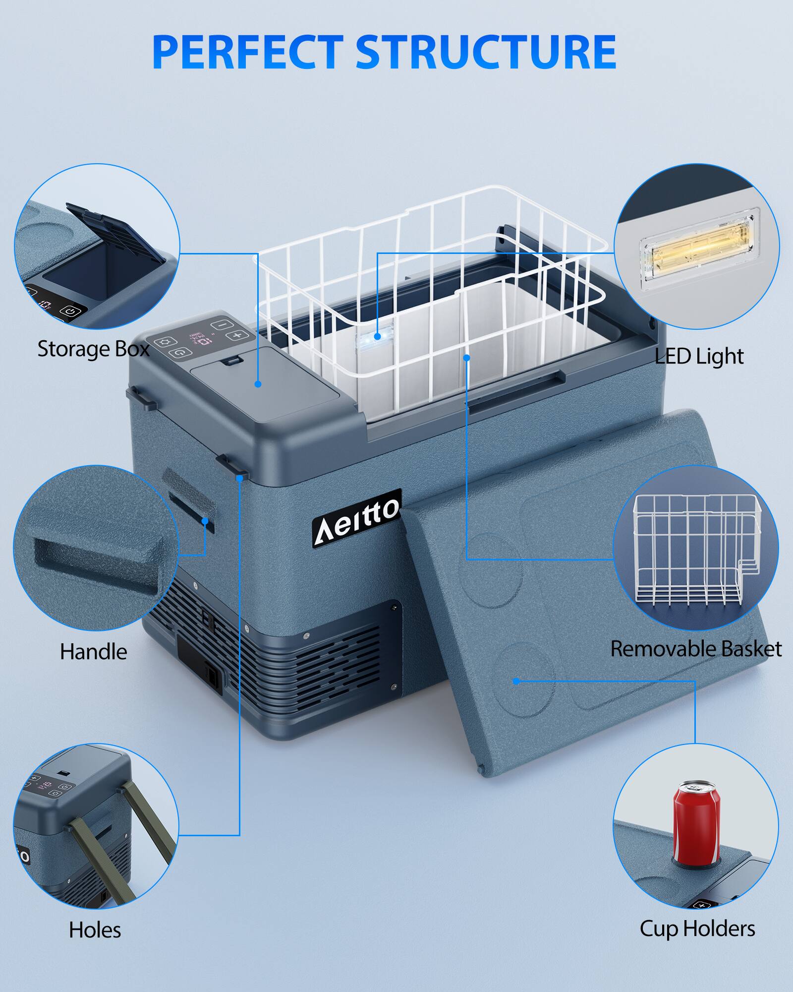PERFECT STRUCTURE

Storage Box

LED Light

Aeitto Handle

Removable Basket

Holes

Cup Holders