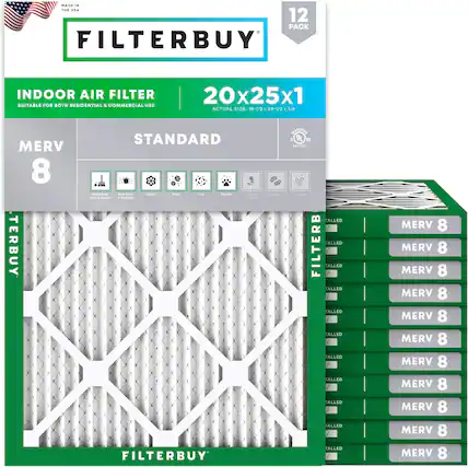 MADE IN THE USA
12 PACK FILTERBUY INDOOR AIR FILTER
SUITABLE FOR BOTH RESIDENTIAL & COMMERCIAL USE
20x25x1 ACTUAL SIZE: 19-1/2 x 24-1/2 x 3/4
MERV 8
STANDARD
FILTERBUY