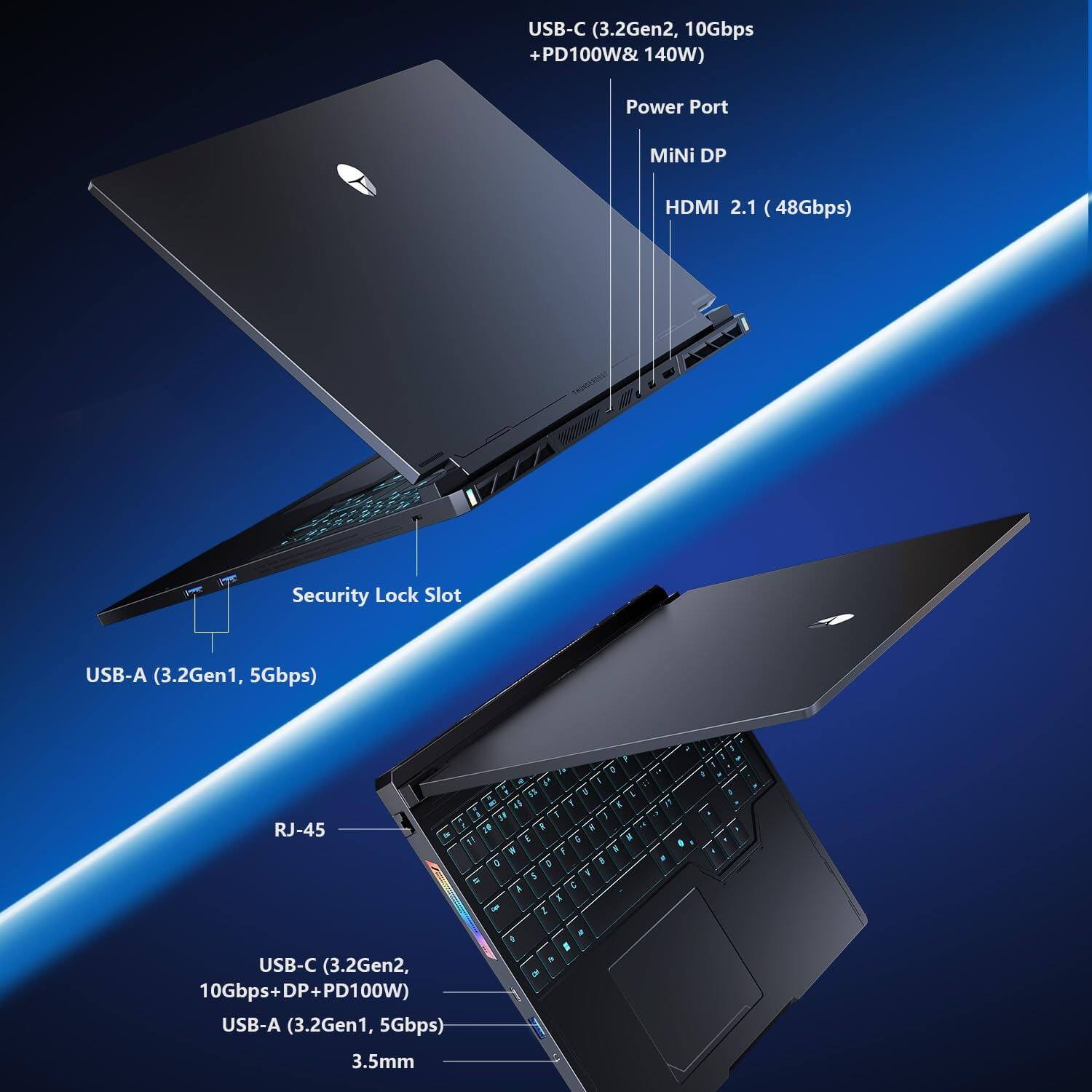 USB-C (3.2Gen2, 10Gbps + PD100W & 140W)  
Power Port  
Mini DP  
HDMI 2.1 (48Gbps)  
Security Lock Slot  
USB-A (3.2Gen1, 5Gbps)  
RJ-45  

USB-C (3.2Gen2, 10Gbps + DP + PD100W)  
USB-A (3.2Gen1, 5Gbps)  
3.5mm