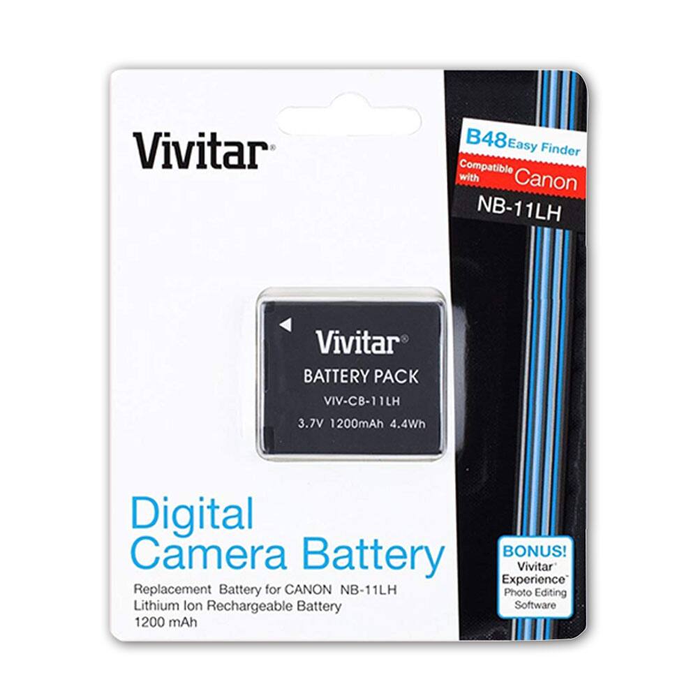 Vivitar B48Easy Finder Compatible with Canon NB-11LH  
Vivitar BATTERY PACK VIV-CB-11LH  
3.7V 1200mAh 4.4Wh  
Digital Camera Battery  
Replacement Battery for CANON NB-11LH  
Lithium Ion Rechargeable Battery  
1200 mAh  
BONUS!  
Vivitar Experience Photo Editing Software