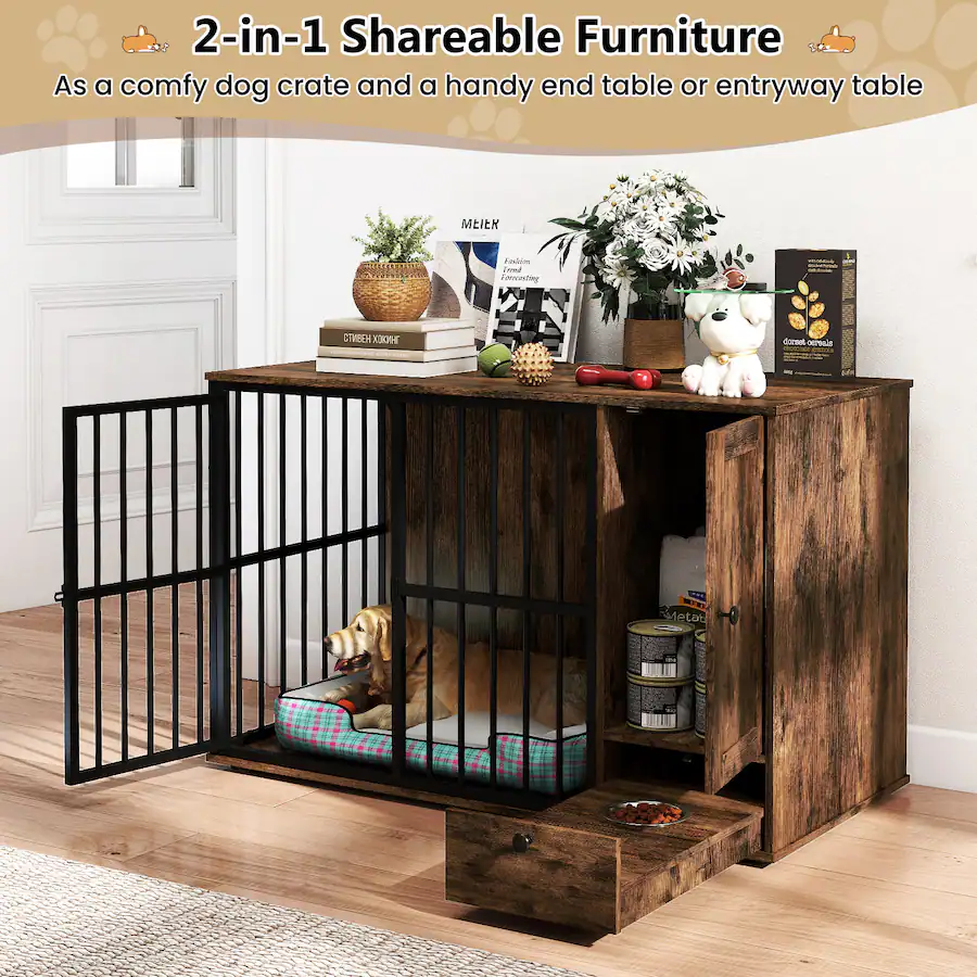 Meta Lcrate Gymax 47 5''Dog Crate End Table w/ Hidden Bowls & Storage Chew ...