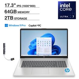 HP - 17 AI Laptop 17.3 HD+ (Intel Ultra 7-255U, 64GB DDR5, 2TB PCIe SSD, Intel Graphics, Win 11 Pro) w/USB Hub - Natural Silver