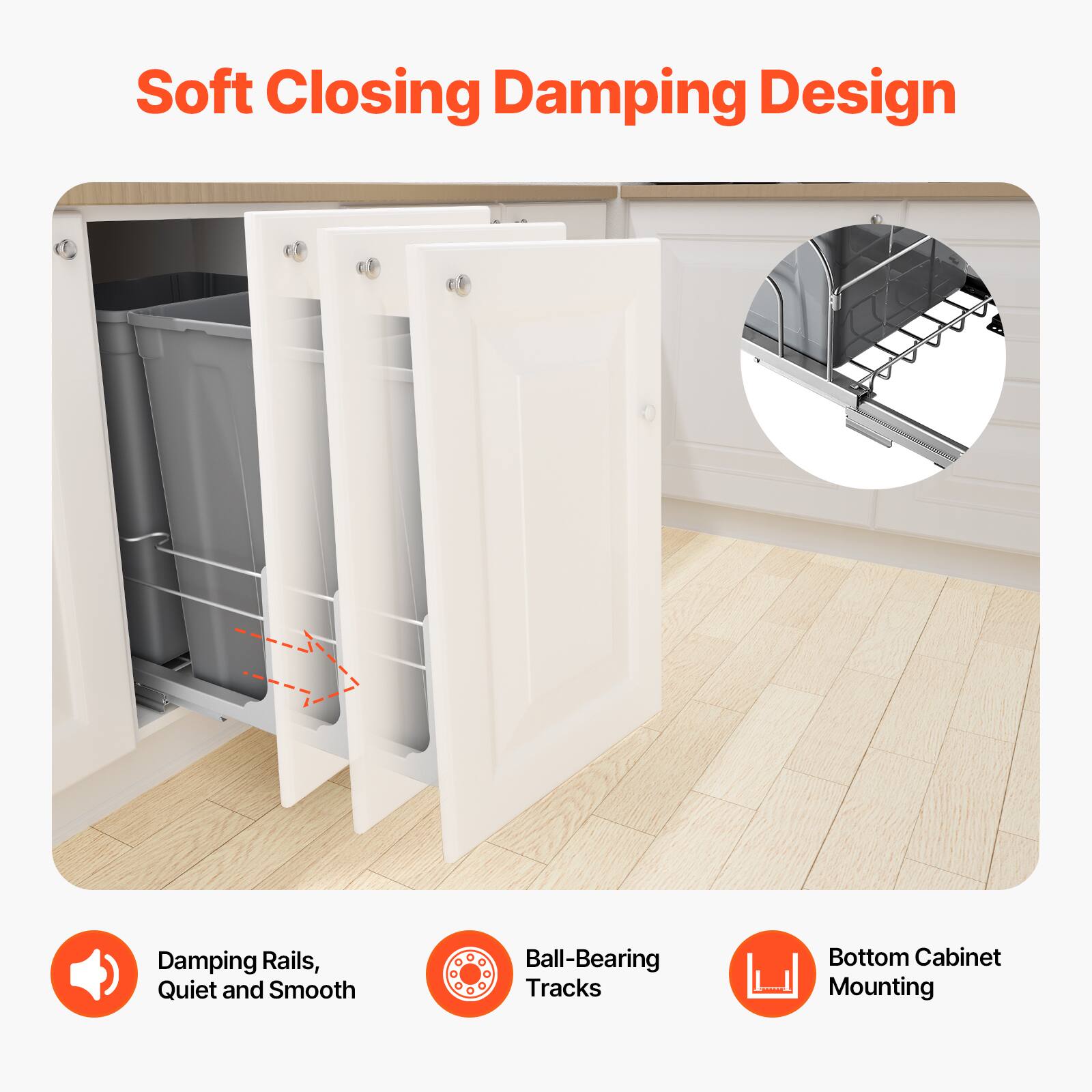 Soft Closing Damping Design

- Damping Rails, Quiet and Smooth
- Ball-Bearing Tracks
- Bottom Cabinet Mounting