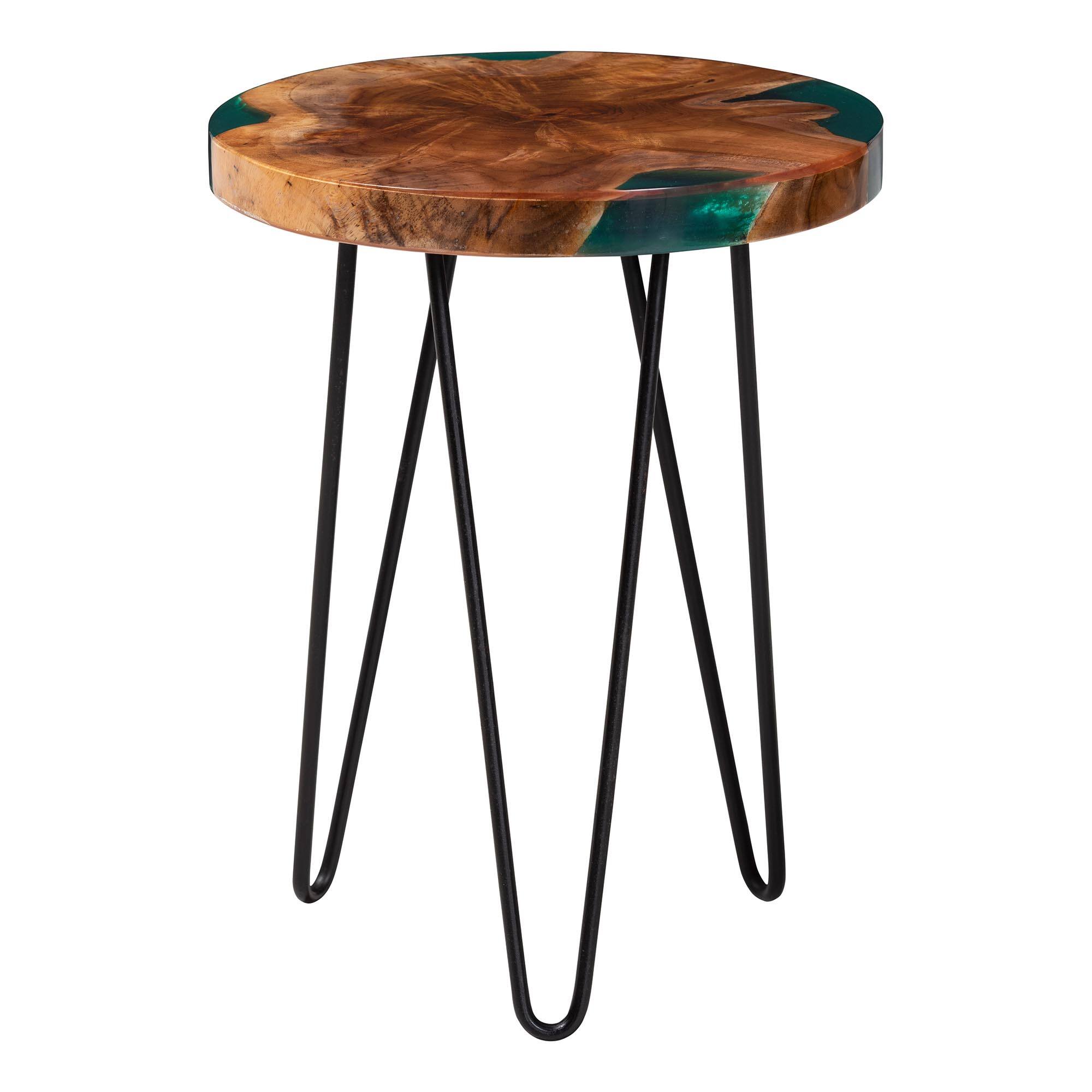 Angle. bali & pari - Anan Teak Wood Epoxy Resin End Table - Round Live Edge Side Table with Black Metal Legs, Handcrafted, Round - Natural Brown/Green.