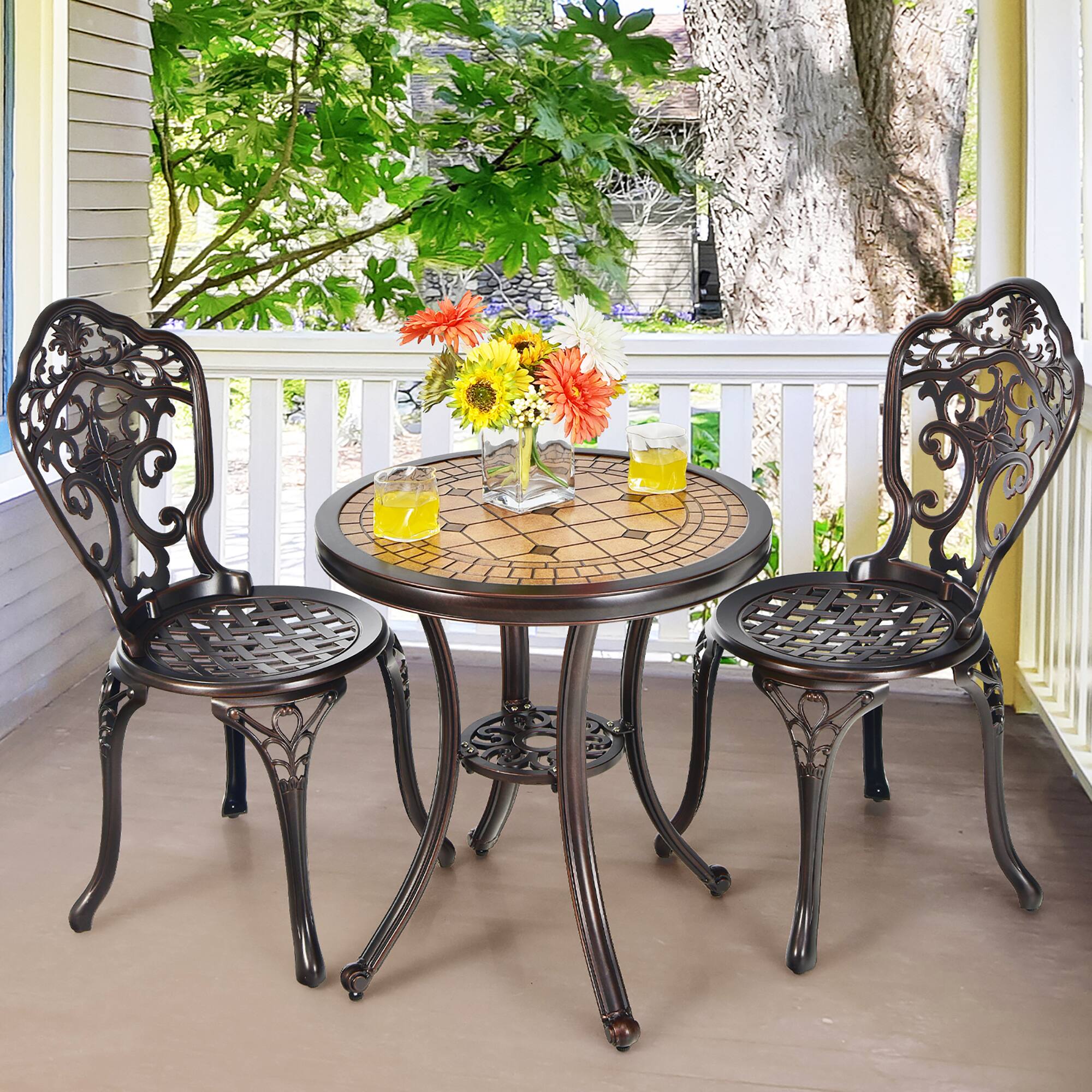 Alt View 1. Costway - Costway 3PCS Patio Bistro Set Round Table Chairs All Weather Cast Aluminum Yard - Walnut.
